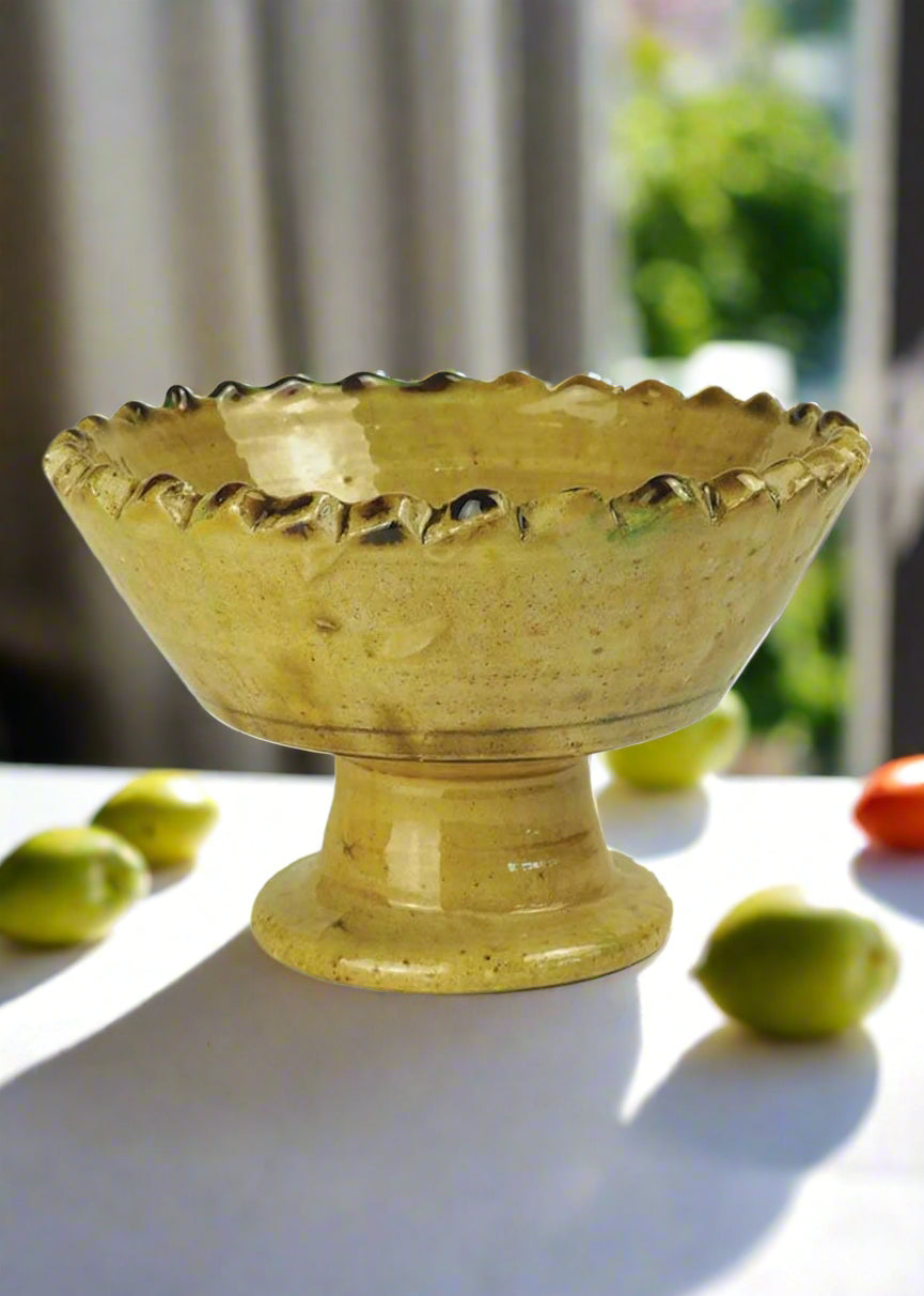 Moroccan Vintage Tamegroute Ochre Jagged Edge Pedestal Bowl - Yellow