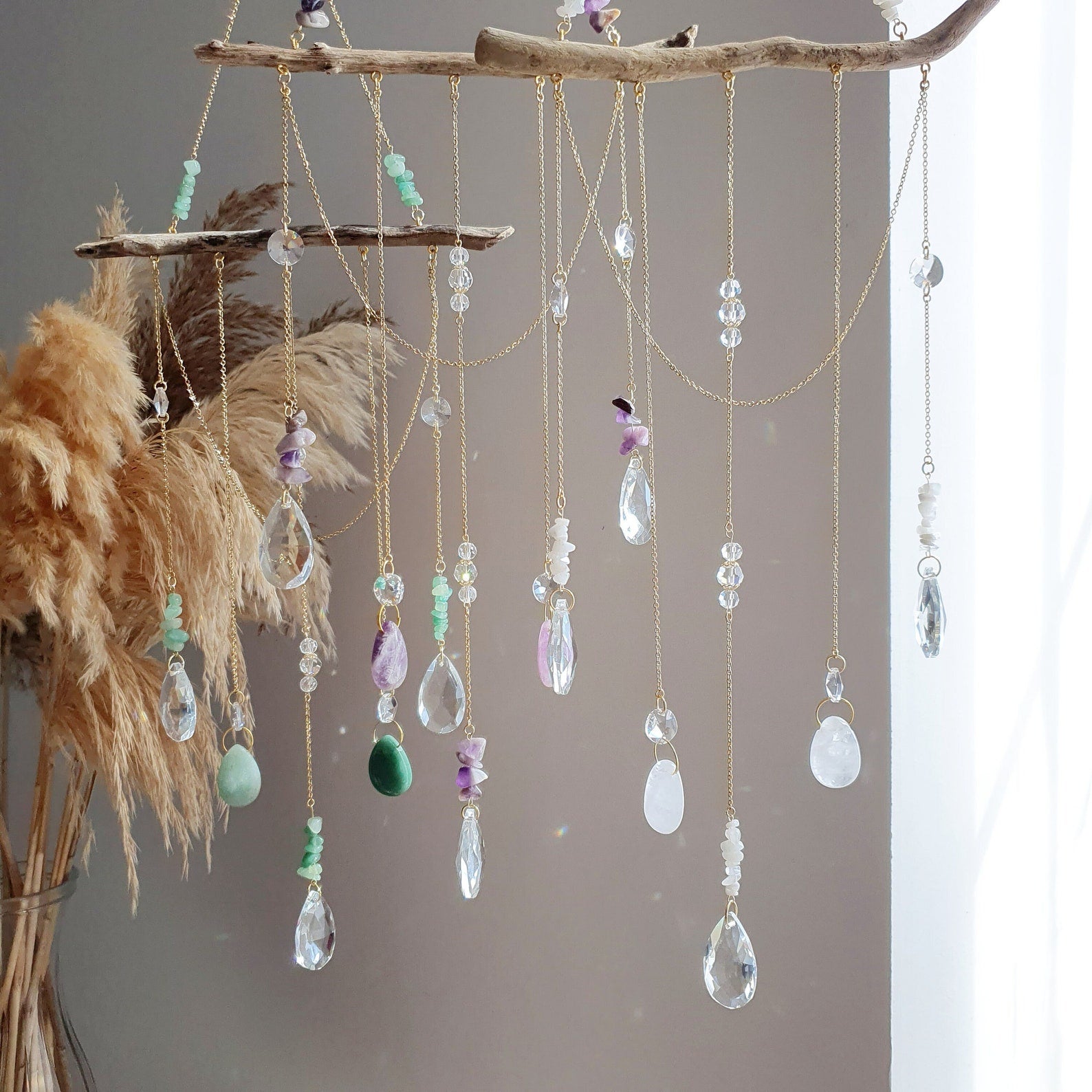 Boho LUMEA driftwood mobile - Crystal and natural stone suncatcher