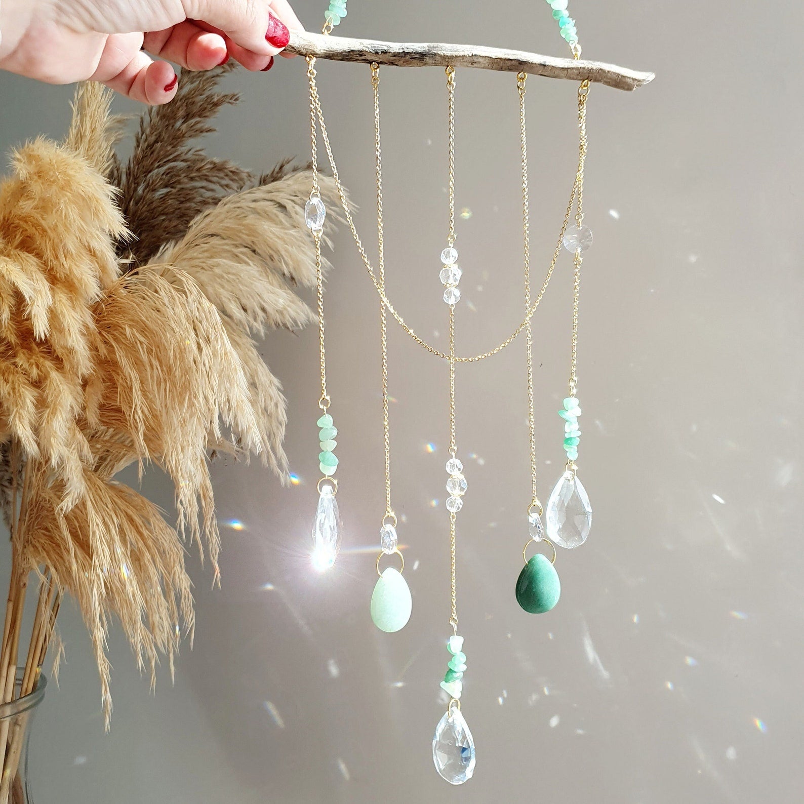 Boho LUMEA driftwood mobile - Crystal and natural stone suncatcher