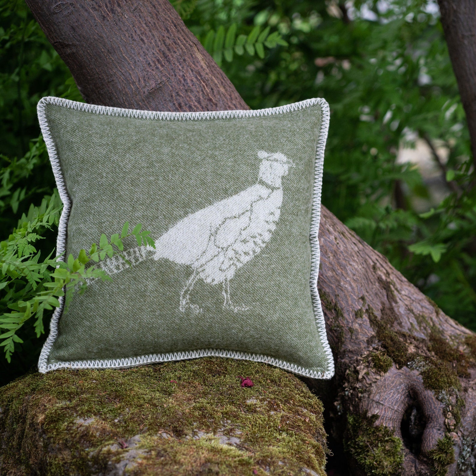 Pheasant Cushion Cover | Pure Wool Reversible Moss Green Pillowcase |