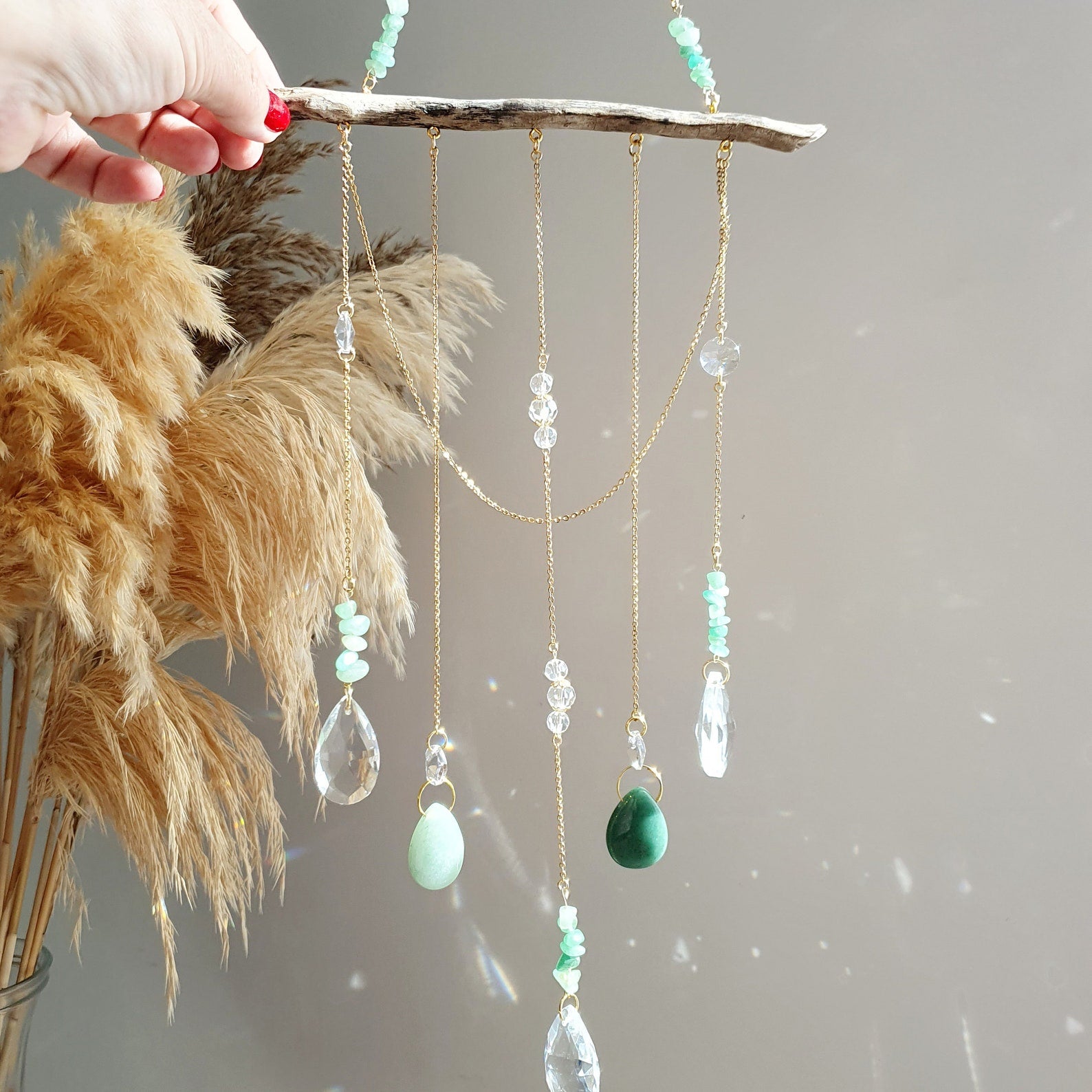 Boho LUMEA driftwood mobile - Crystal and natural stone suncatcher