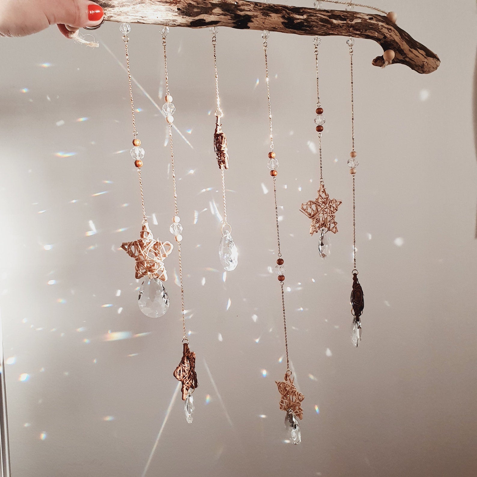 Large Boho Driftwood Mobile – Suncatcher with Crystal and Beads