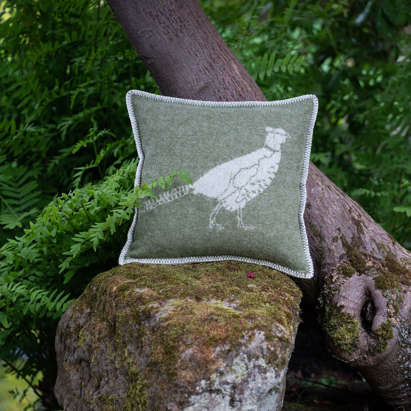 Pheasant Cushion Cover | Pure Wool Reversible Moss Green Pillowcase |