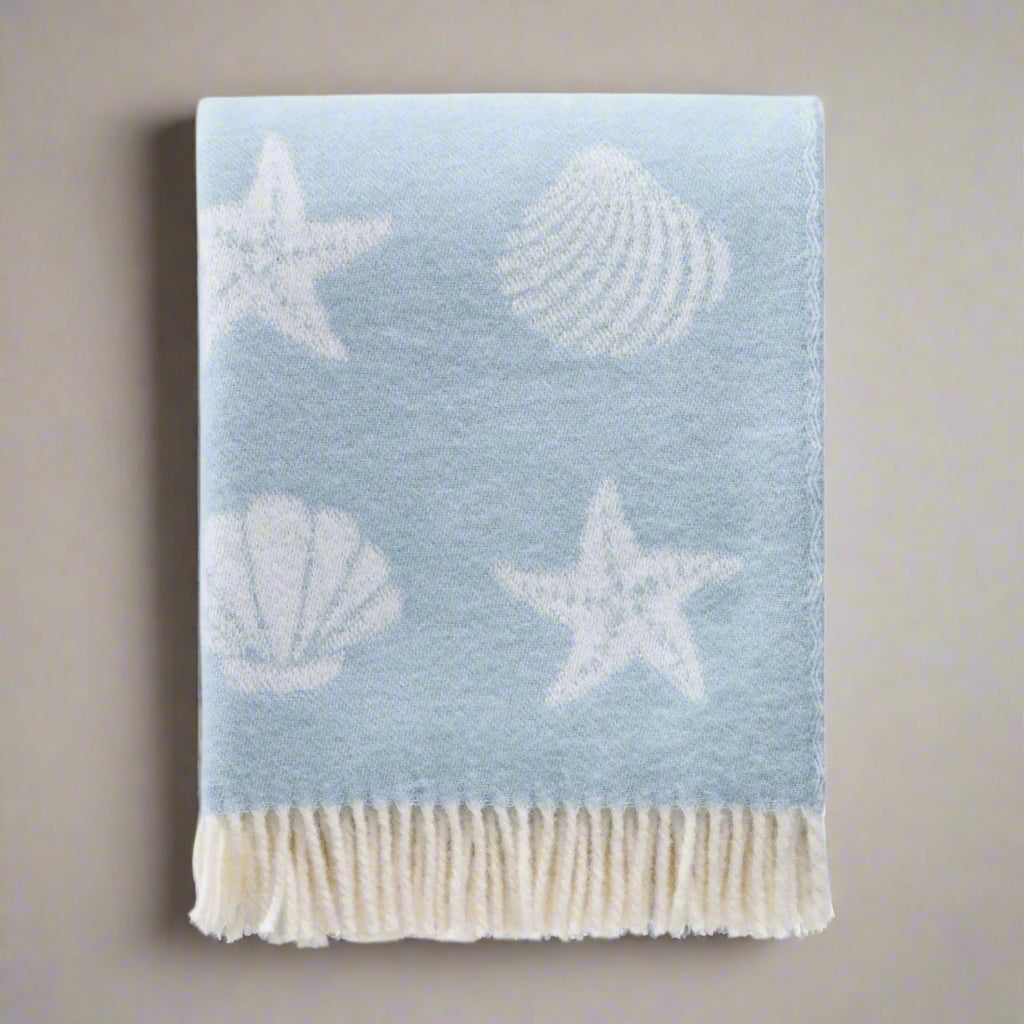 Seashells Pastel Blue Wool Throw | Nautical Blanket | Coastal Seaside Decor