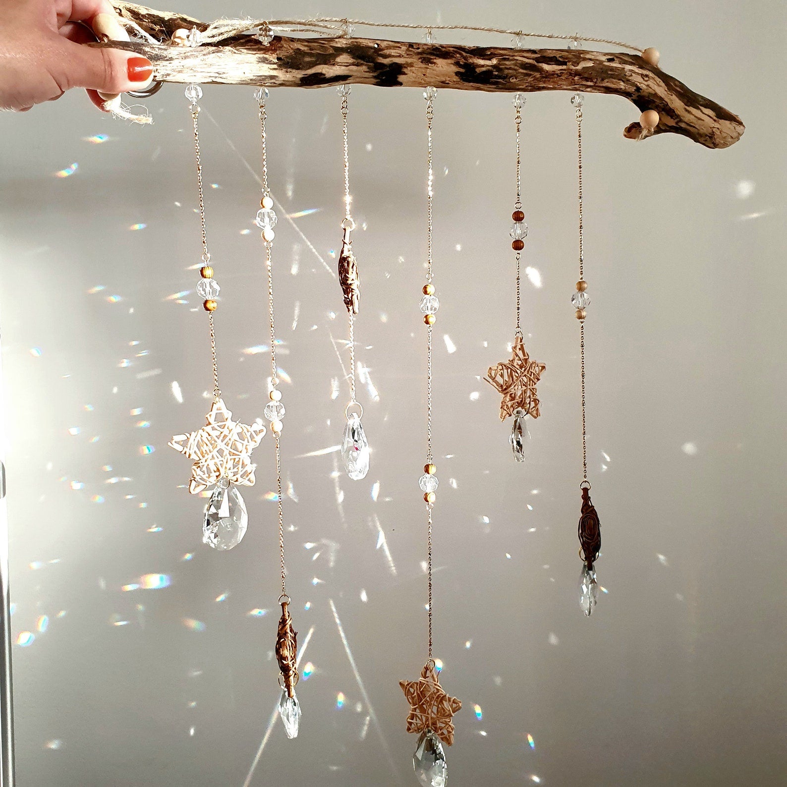 Large Boho Driftwood Mobile – Suncatcher with Crystal and Beads