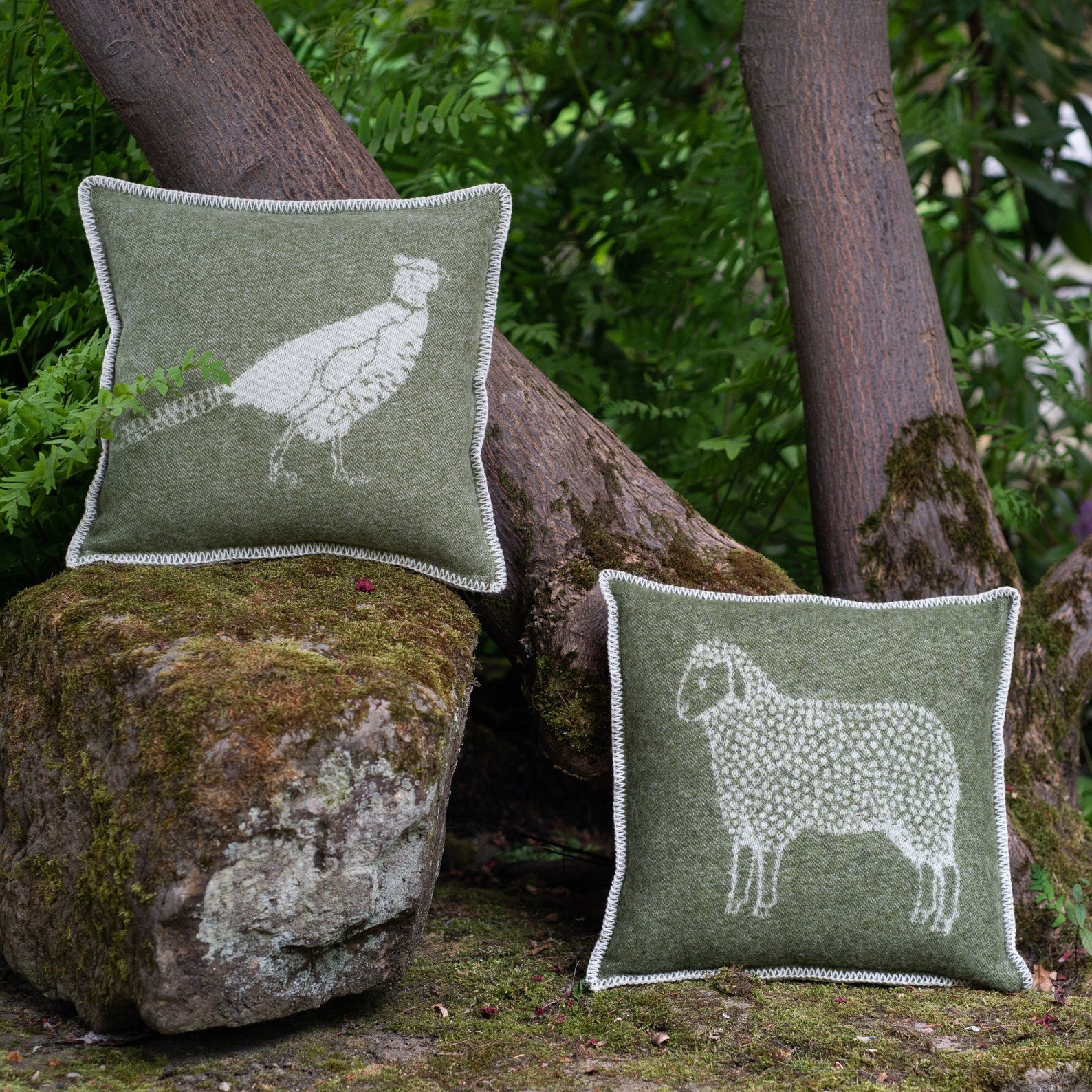 Pheasant Cushion Cover | Pure Wool Reversible Moss Green Pillowcase |