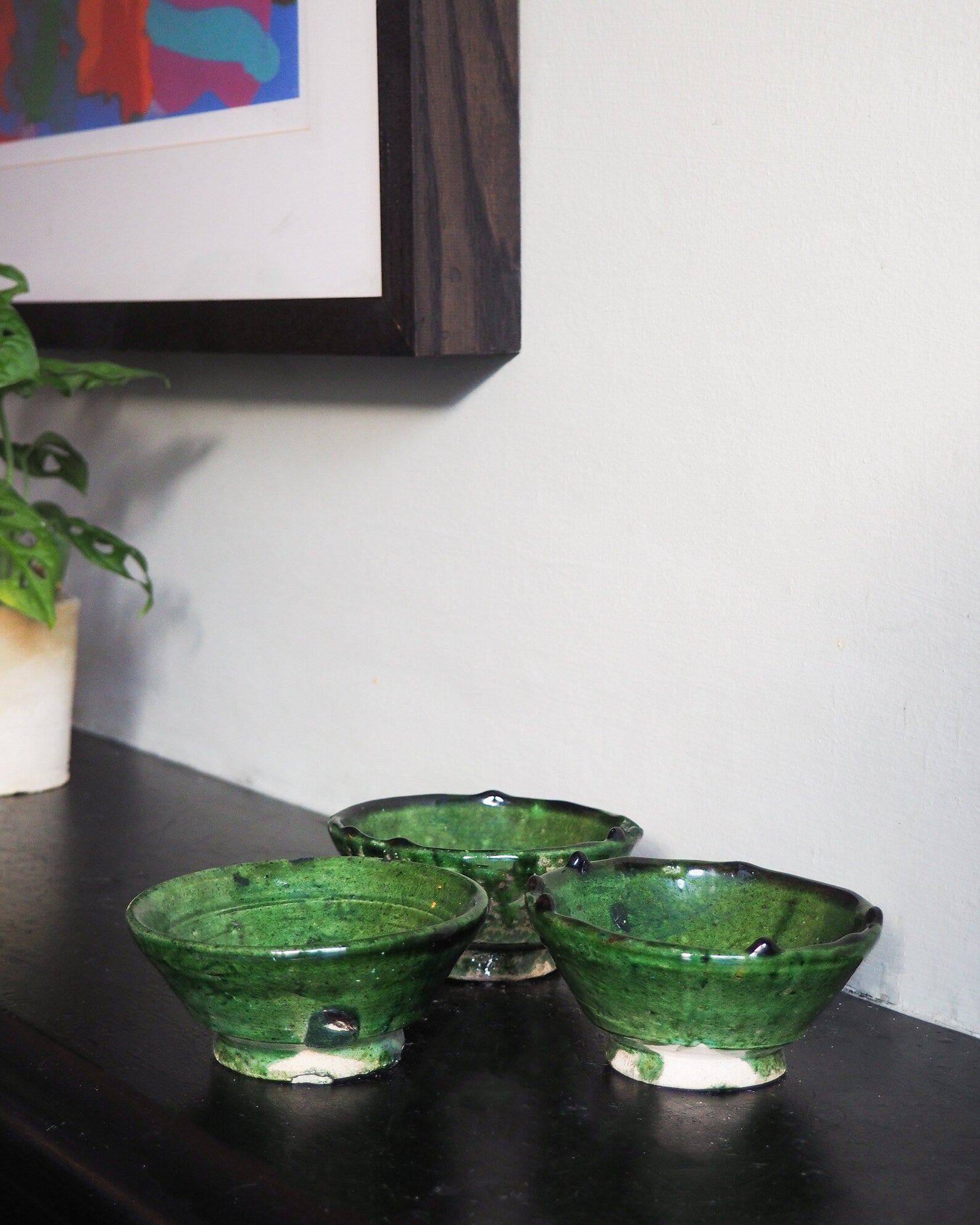 Moroccan Vintage Tamegroute Set of 3 Trinket Bowl | Green Glazed Bowl