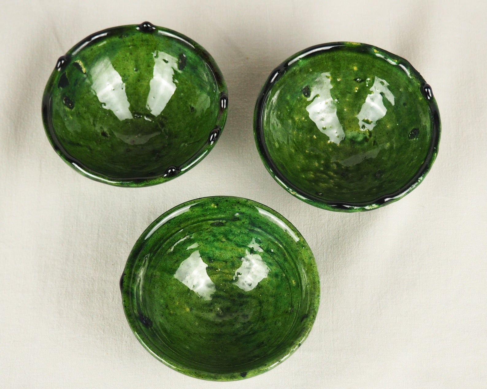 Moroccan Vintage Tamegroute Set of 3 Trinket Bowl | Green Glazed Bowl