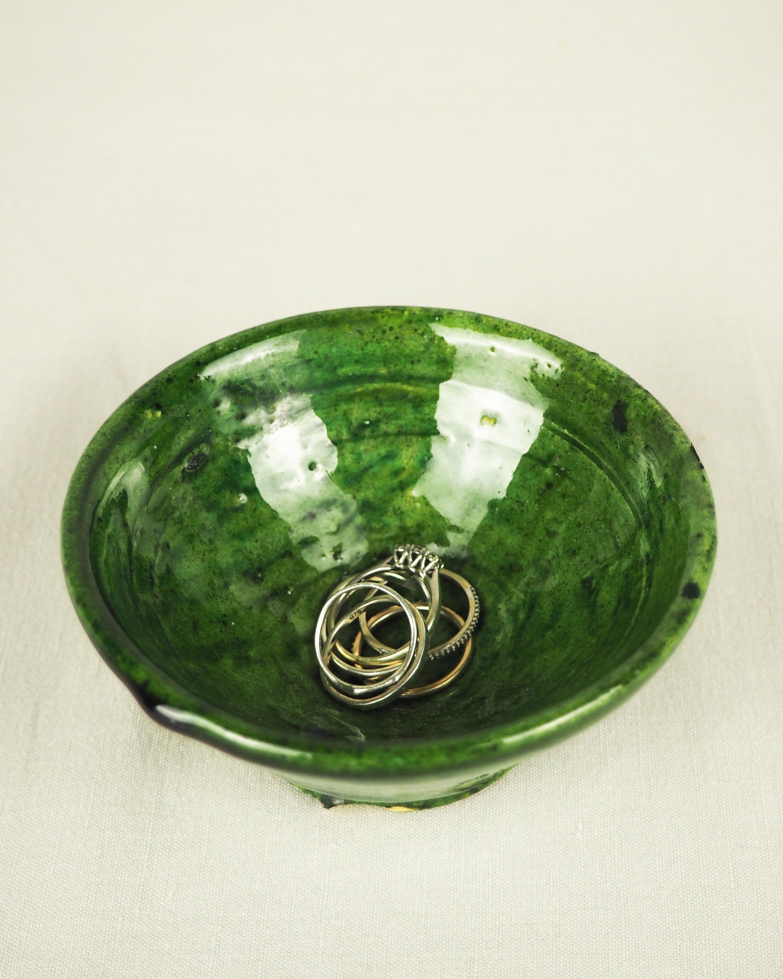 Moroccan Vintage Tamegroute Set of 3 Trinket Bowl | Green Glazed Bowl