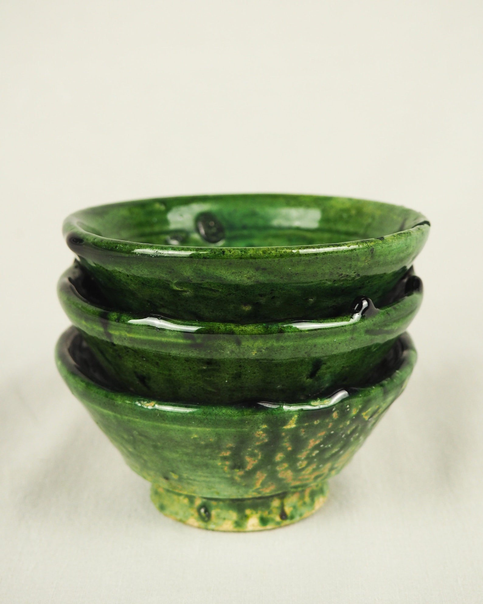 Moroccan Vintage Tamegroute Set of 3 Trinket Bowl | Green Glazed Bowl