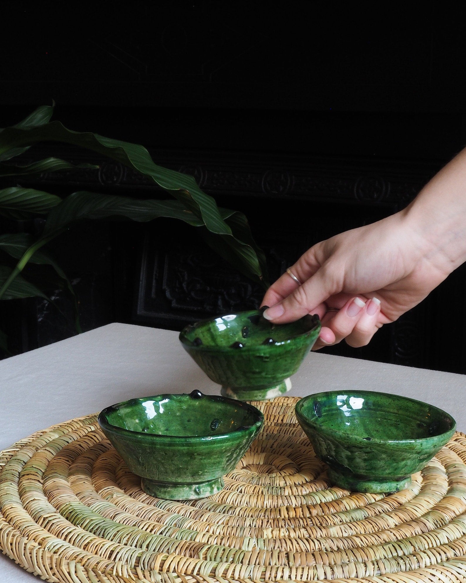 Moroccan Vintage Tamegroute Set of 3 Trinket Bowl | Green Glazed Bowl