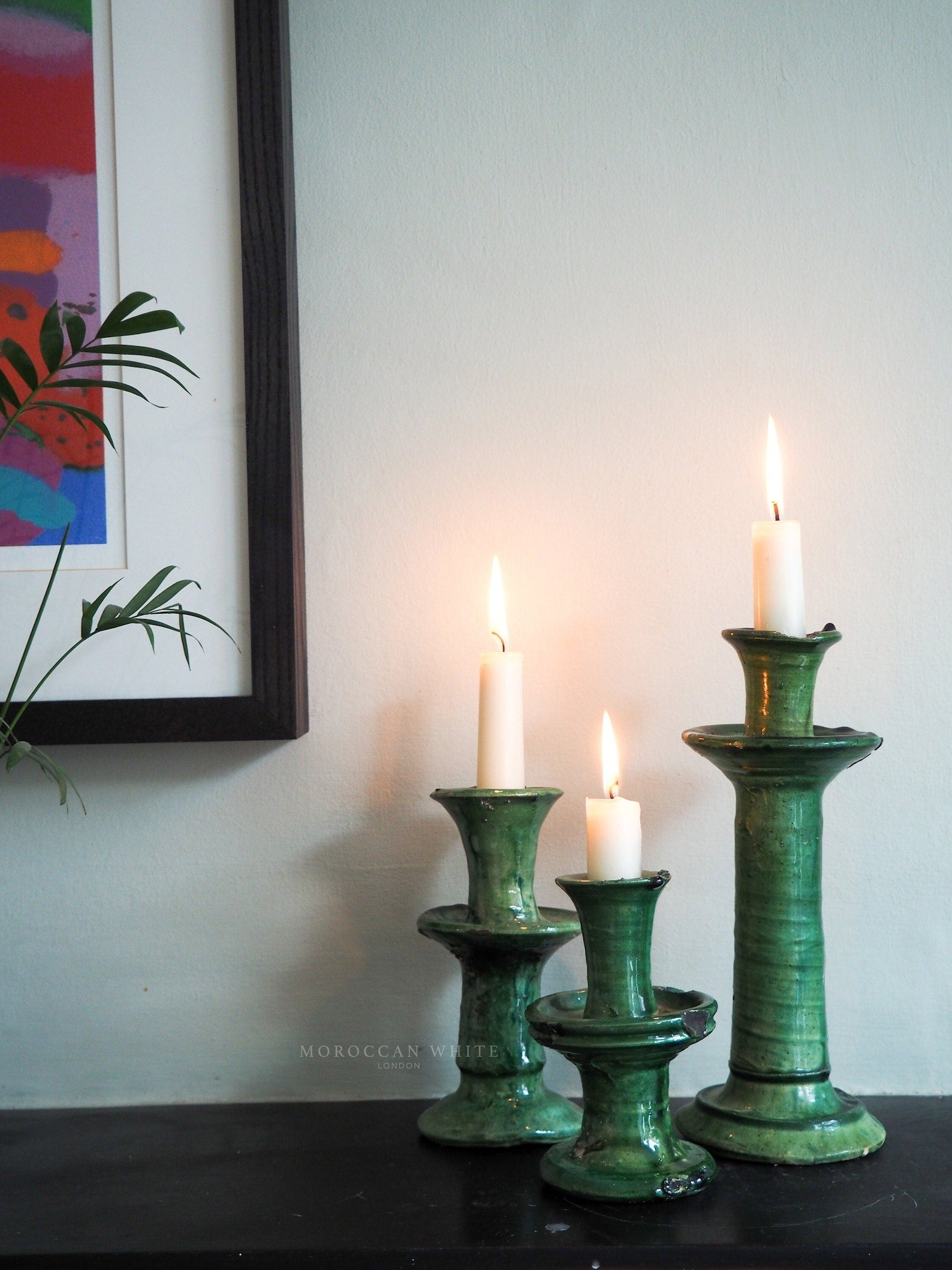 Set of 3 Moroccan Vintage Tamegroute Green Candlestick Holder