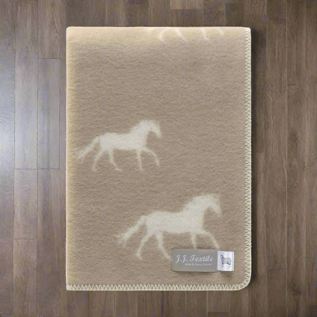 Horses Small Blanket | Brown Reversible Wool Throw | Baby Shower Gift
