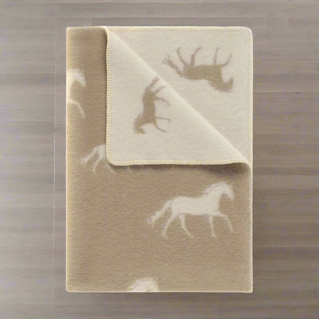 Horses Small Blanket | Brown Reversible Wool Throw | Baby Shower Gift