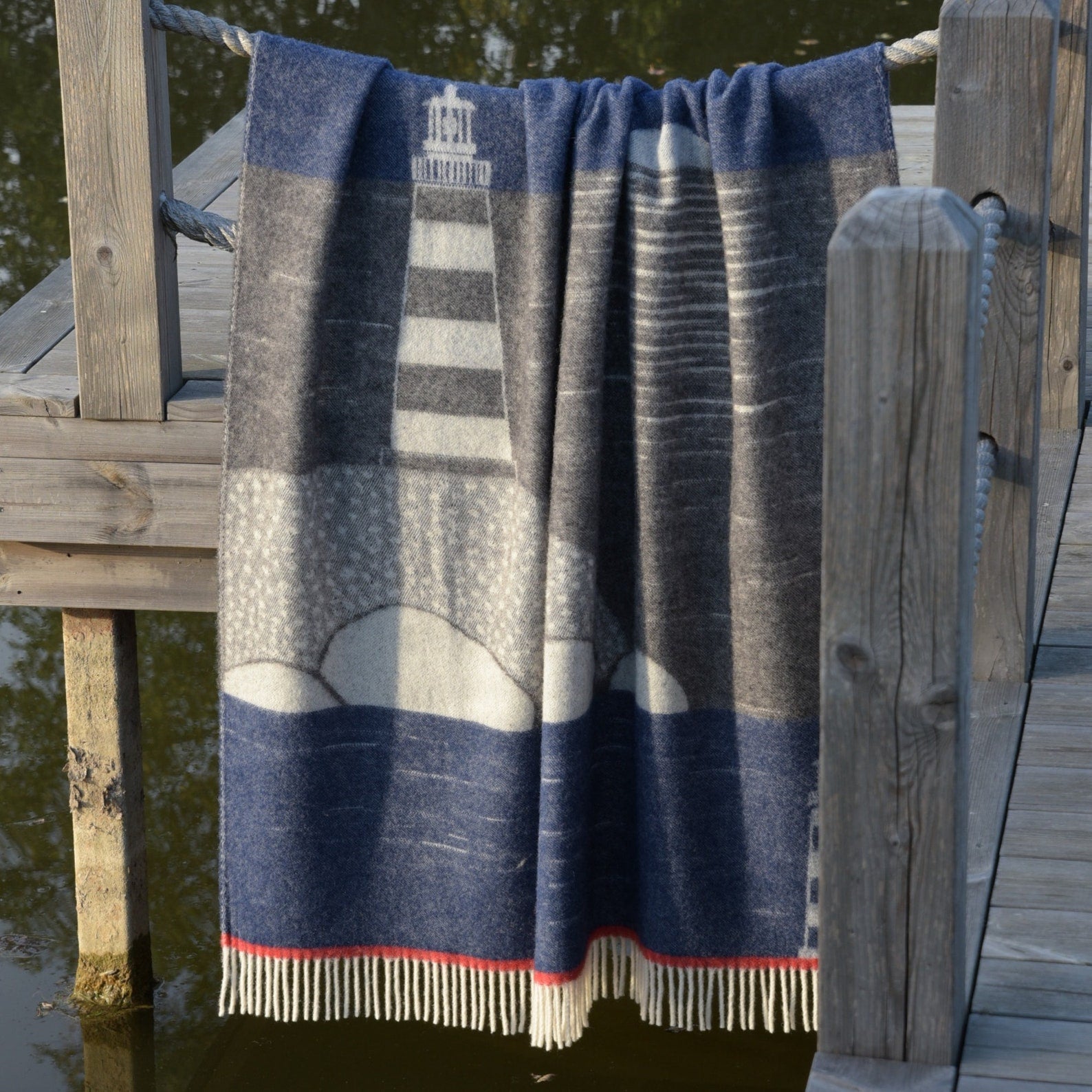 Blue Lighthouse Wool Throw | Nautical Coastal Decor |