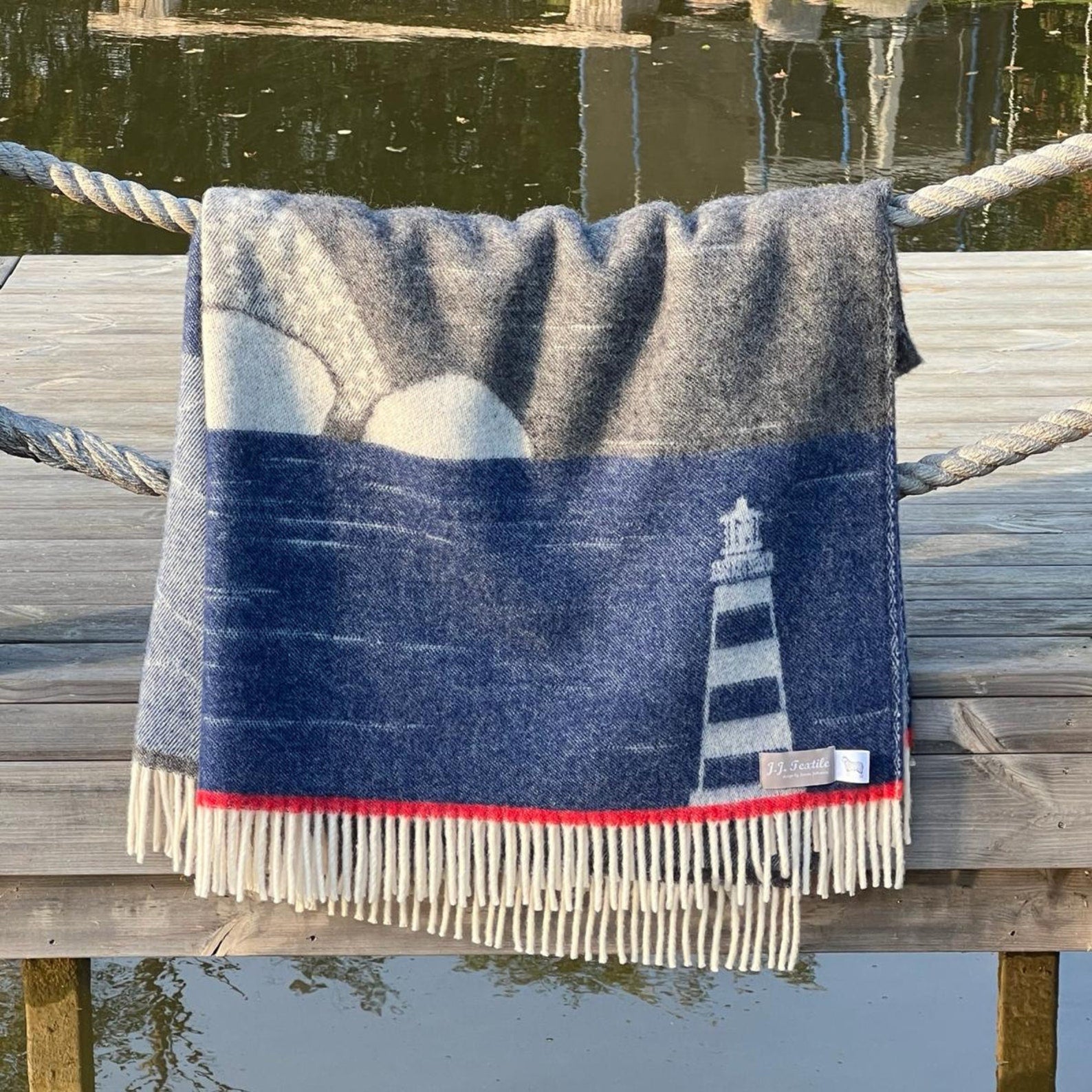 Blue Lighthouse Wool Throw | Nautical Coastal Decor |
