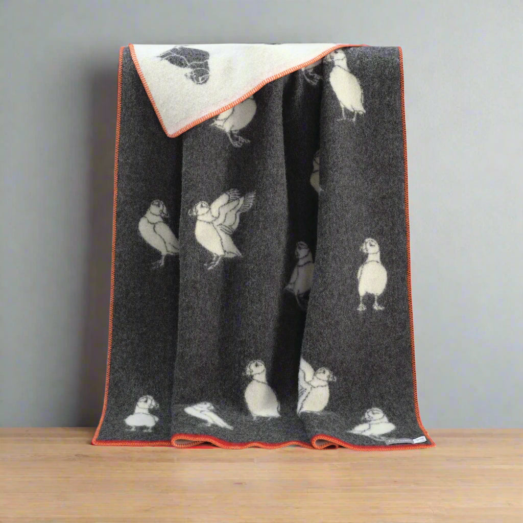 Puffin Wool Blanket | Soft Black and Off White Throw |