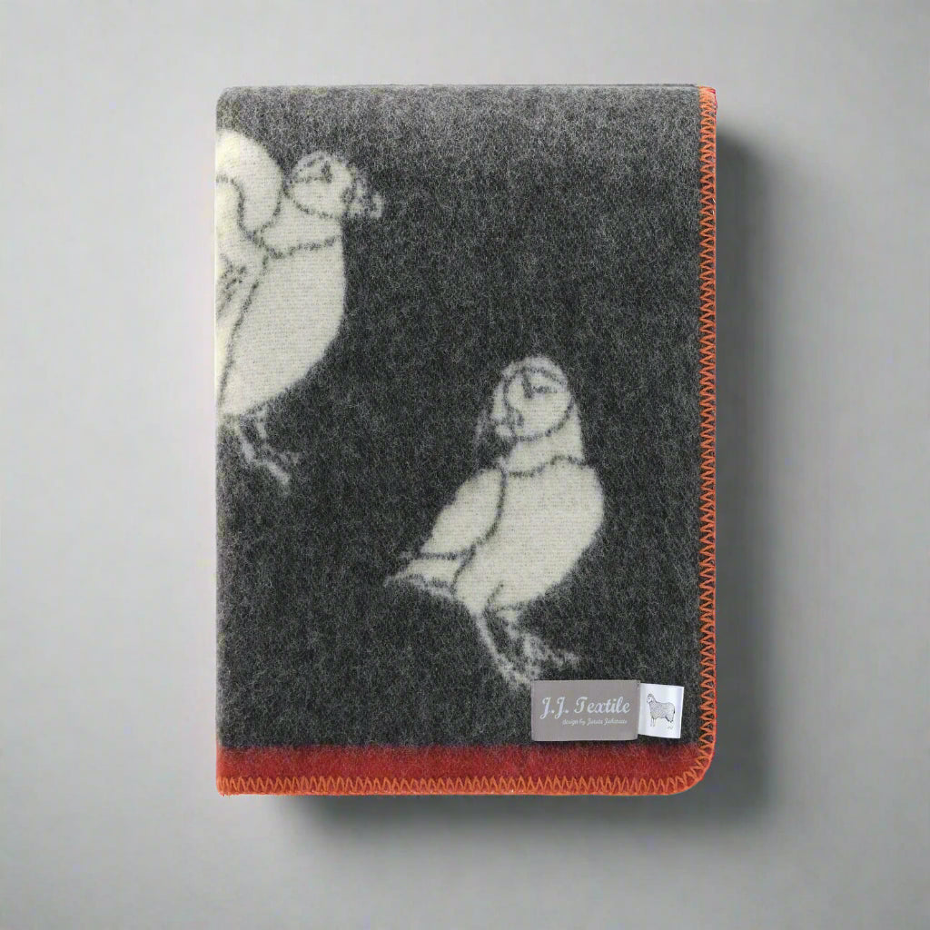 Puffin Wool Blanket | Soft Black and Off White Throw |