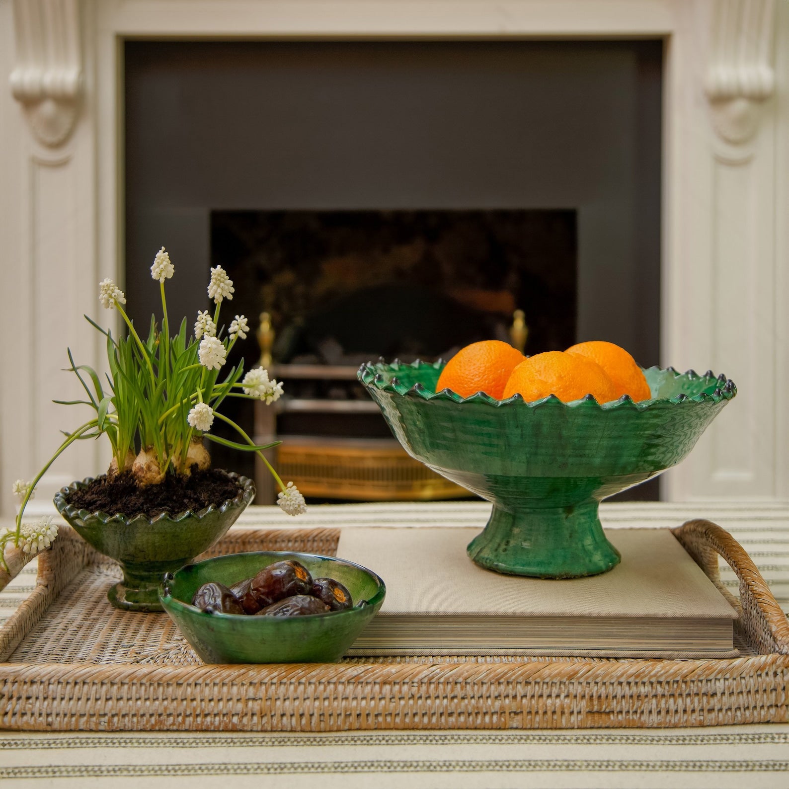 Green Glazed Large Jagged Edge Pedestal Fruit Bowl