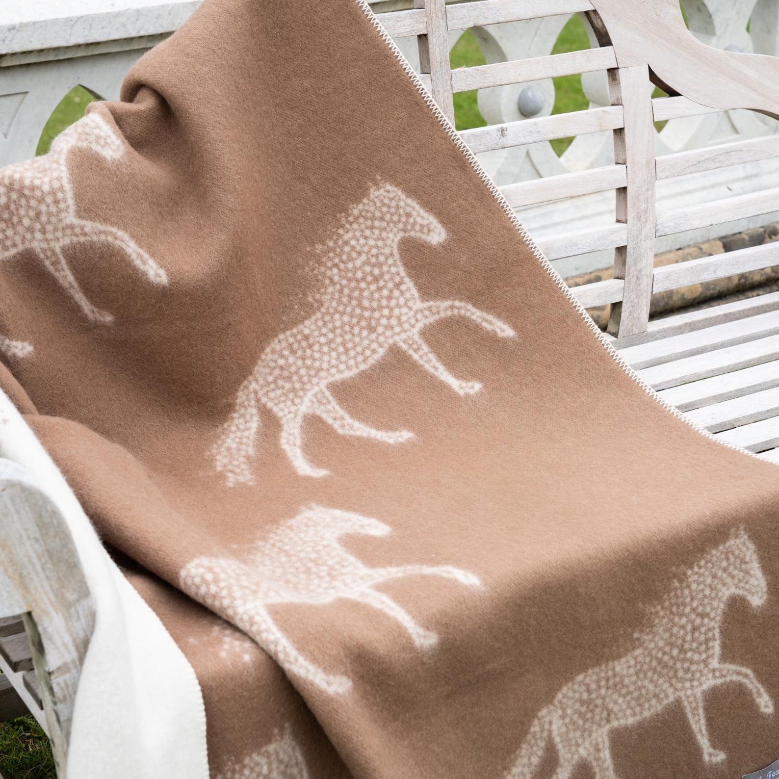 Dot Horse Wool Blanket | Warm Brown and Off-White Reversible Throw |
