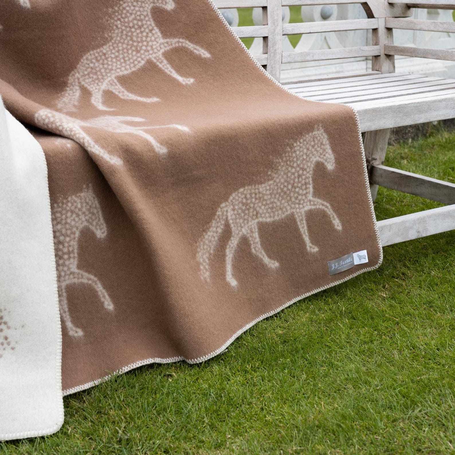 Dot Horse Wool Blanket | Warm Brown and Off-White Reversible Throw |