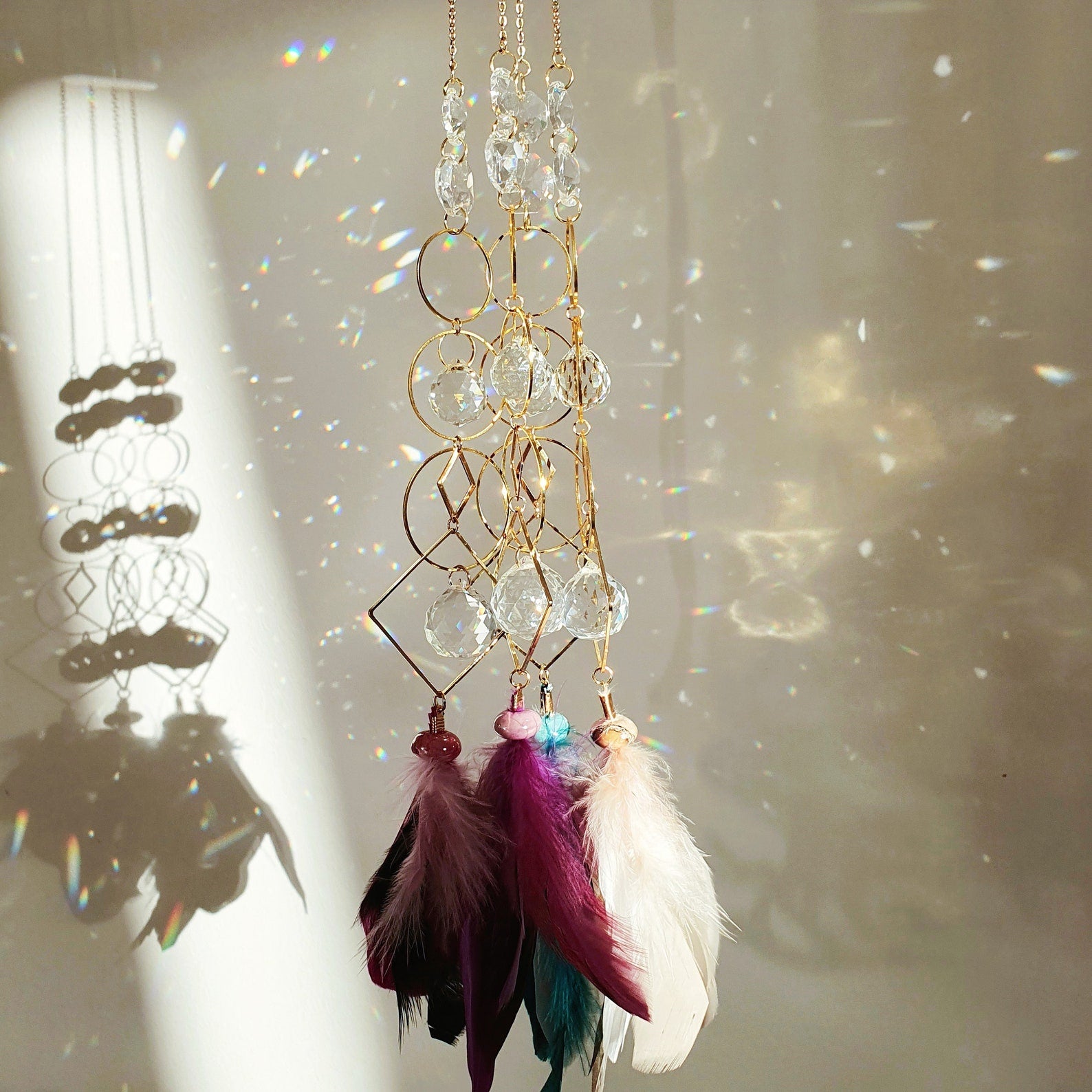 VELVET Suncatcher – Crystal and Feathers – Handmade Feng Shui