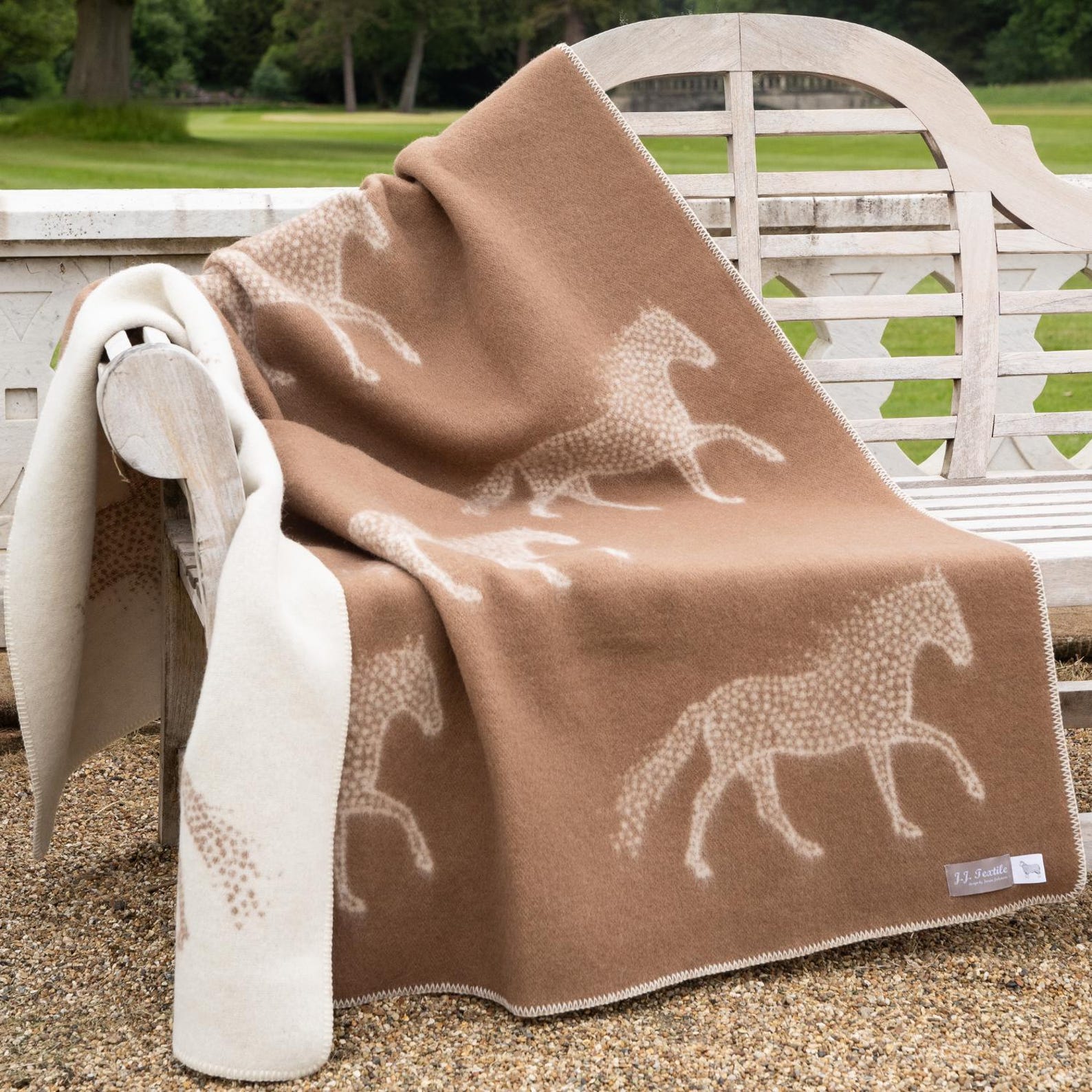 Dot Horse Wool Blanket | Warm Brown and Off-White Reversible Throw |