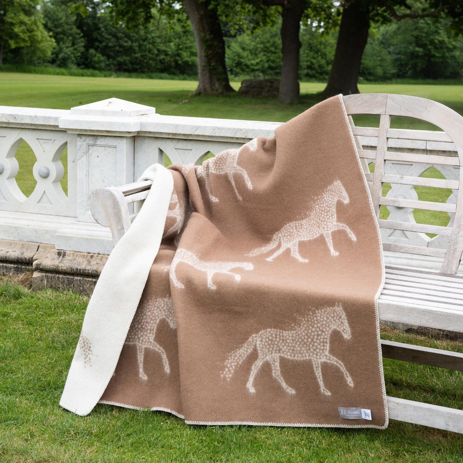 Dot Horse Wool Blanket | Warm Brown and Off-White Reversible Throw |
