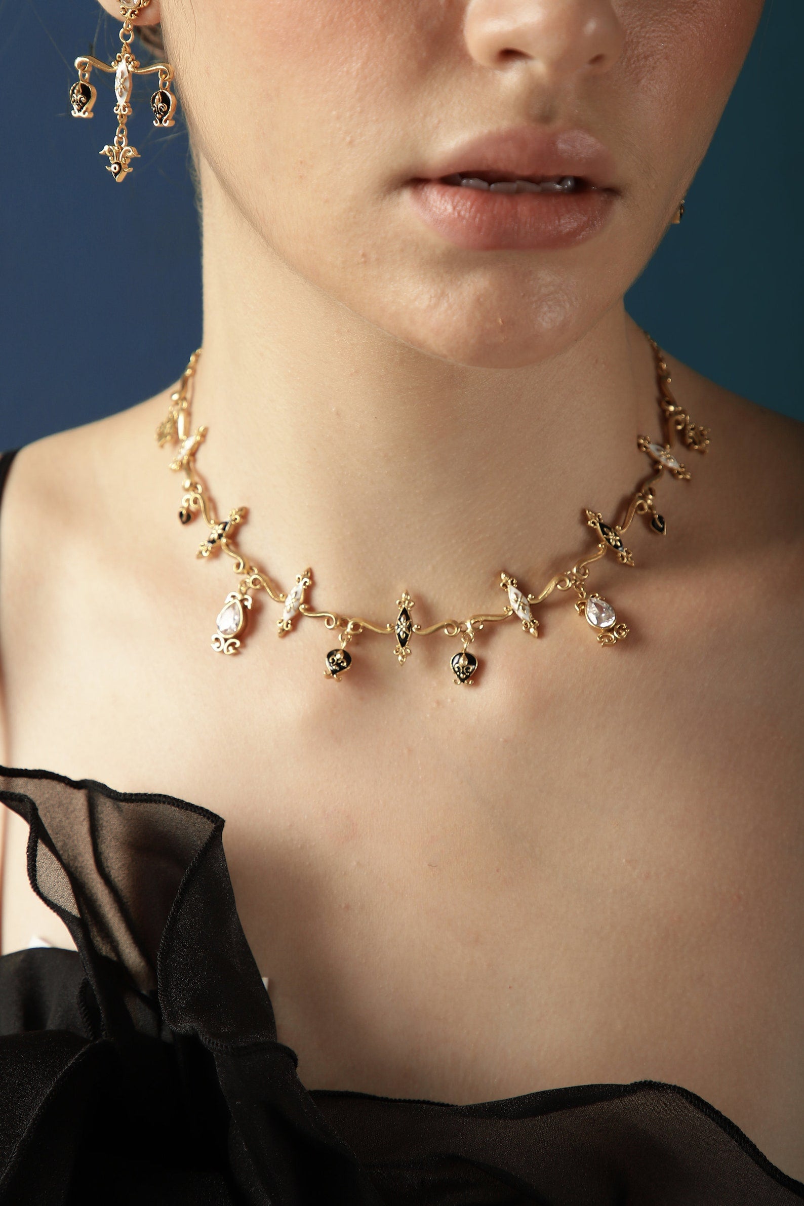 Statement Vintage Charm Necklace-  Black & white