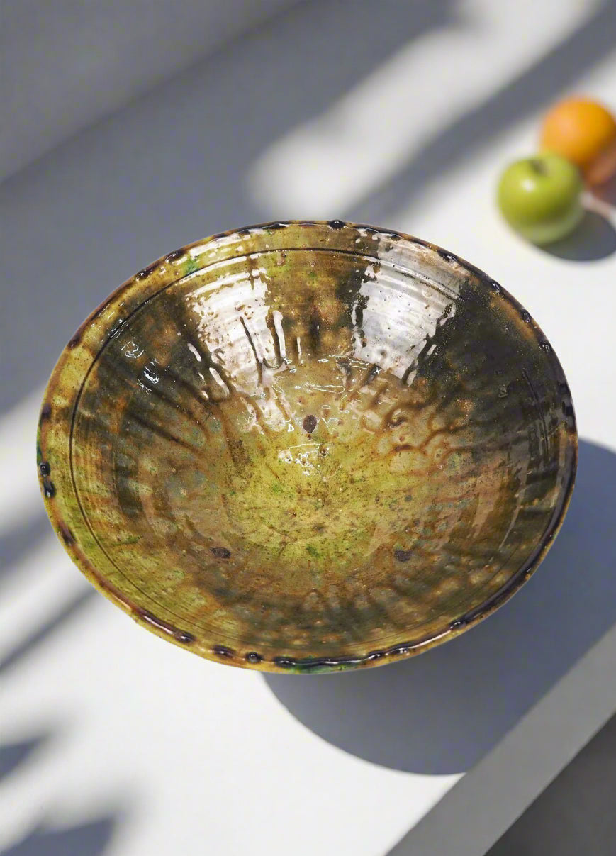 Moroccan Vintage Tamegroute Shaded Ochre Glazed Fruit Bowl