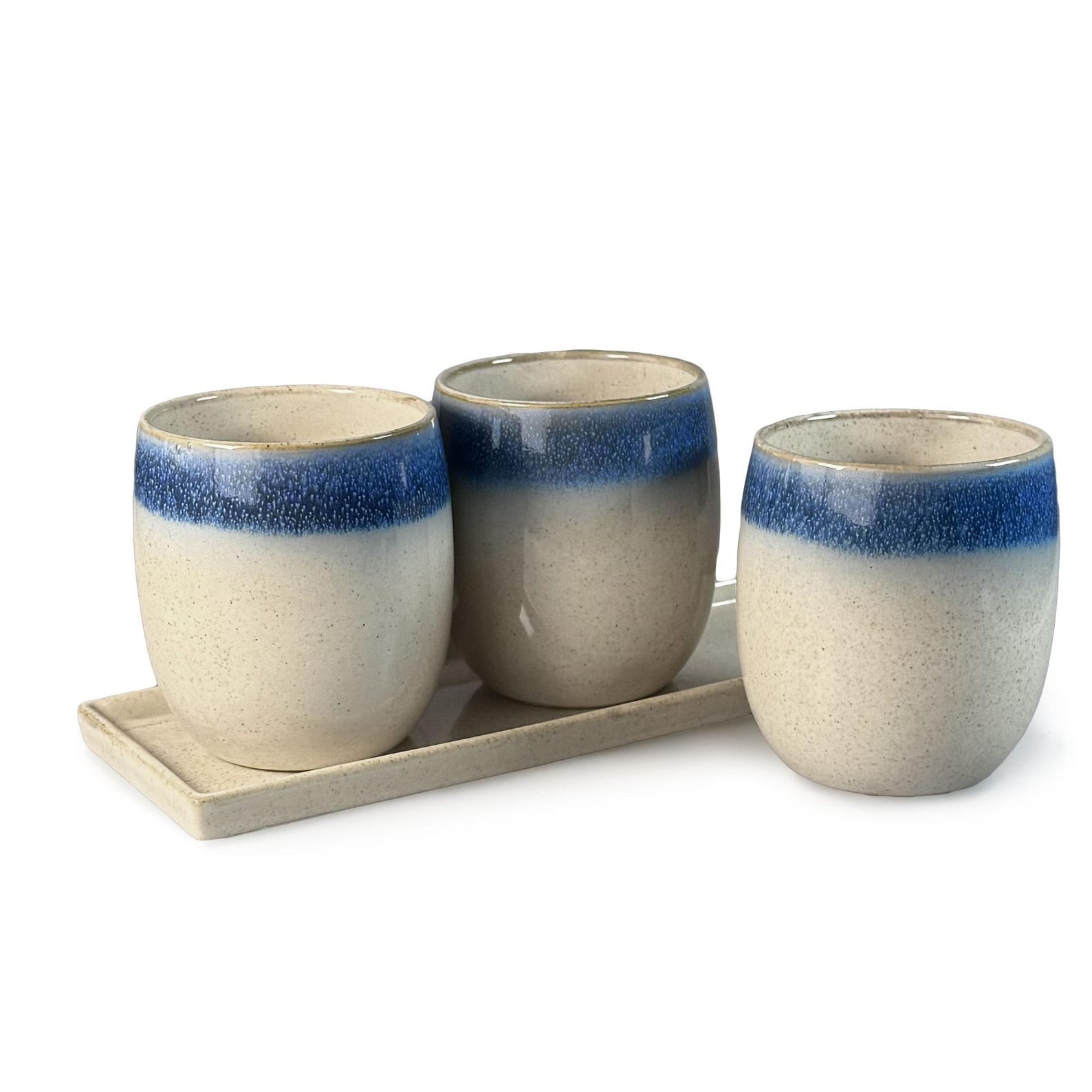 Scandi Home Blue & Cream Reactive Glaze Planters – Set of 3 with Tray
