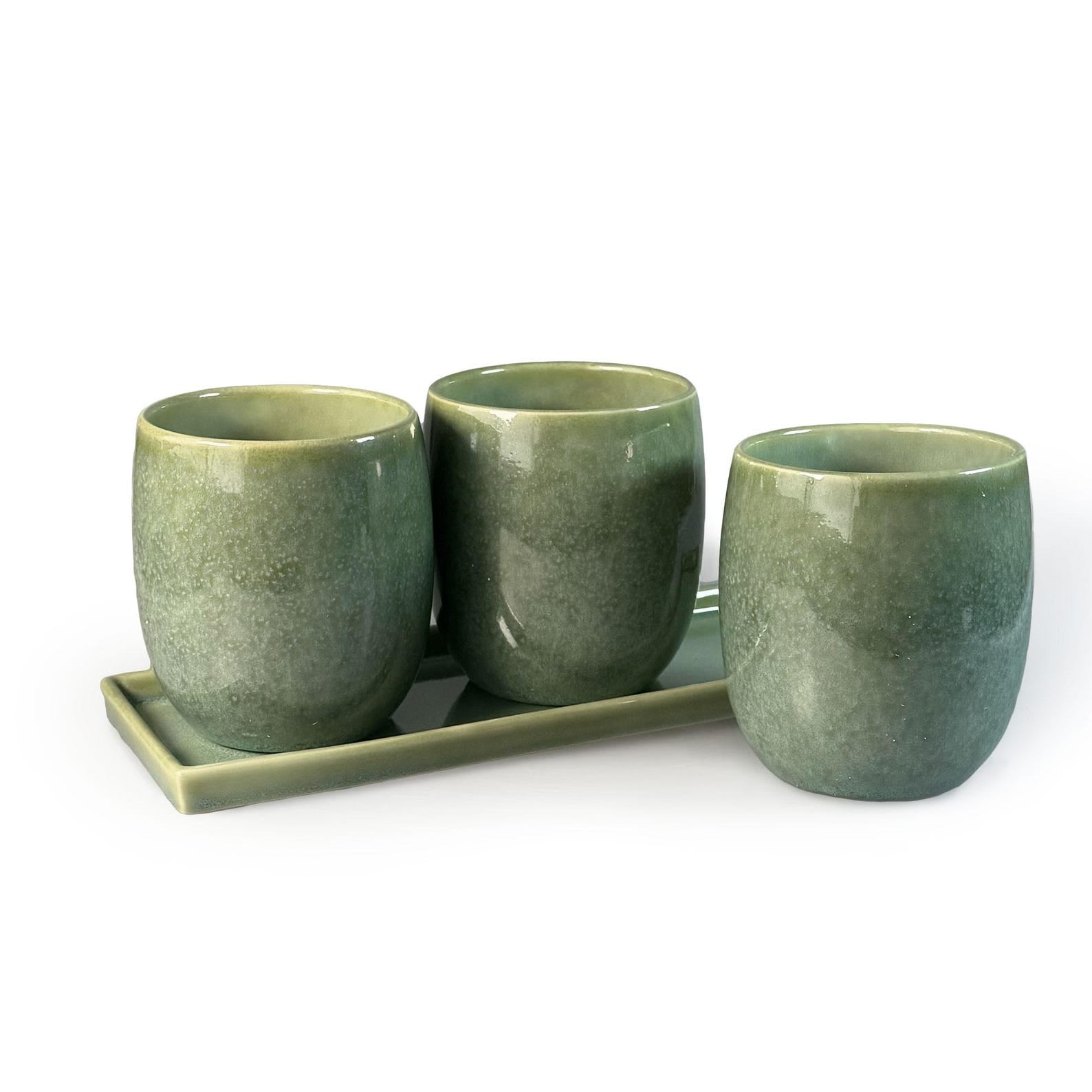 Scandi Home Set of 3 Green Reactive Glazed Ceramic Planters with Tray