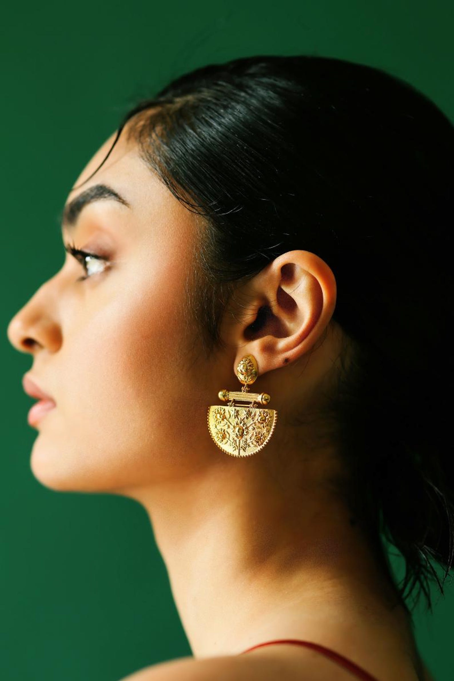 Lightweight Statement Arc Dangle Earrings- Emboss Gold Earrings