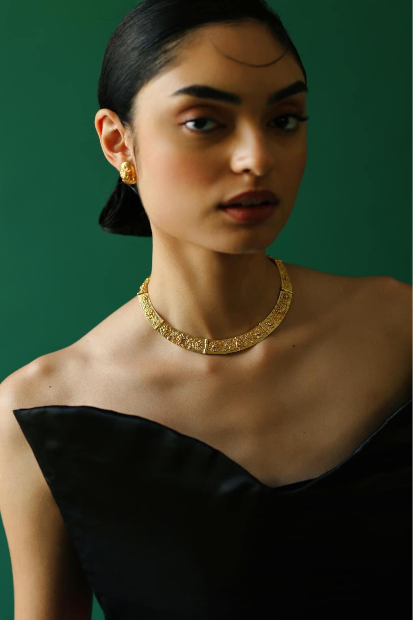 Gold Statement Collar Necklace- Floral Emboss Necklace