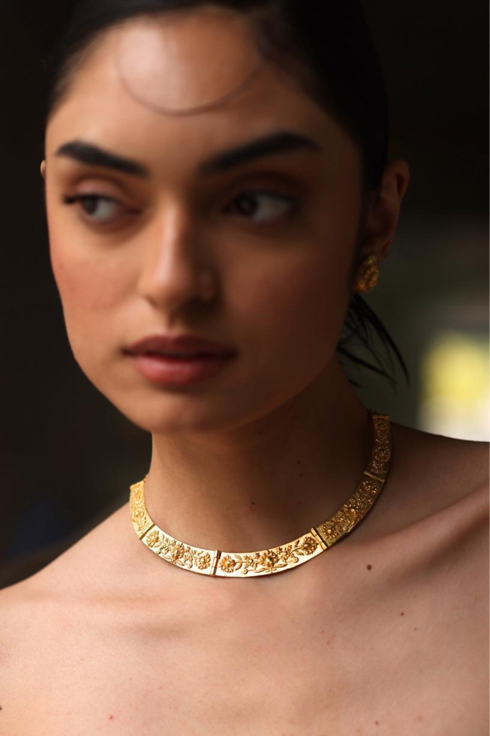 Gold Statement Collar Necklace- Floral Emboss Necklace