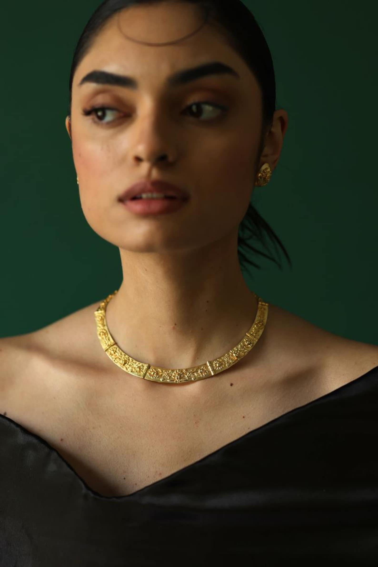 Gold Statement Collar Necklace- Floral Emboss Necklace