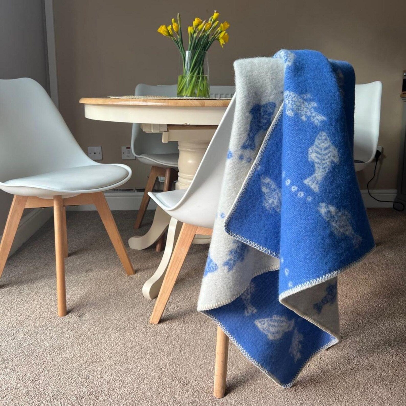 Fish Small Blanket | Blue Reversible Wool Throw | Baby Shower Gift