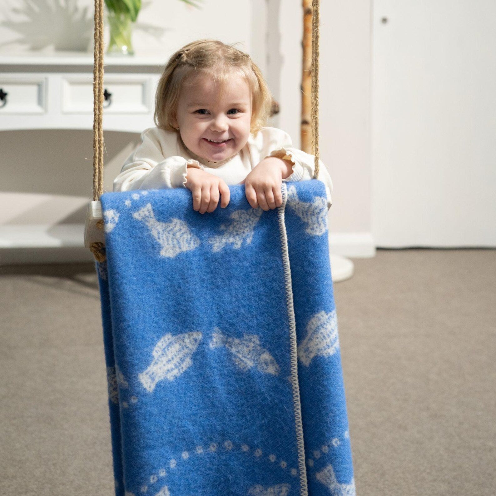 Fish Small Blanket | Blue Reversible Wool Throw | Baby Shower Gift