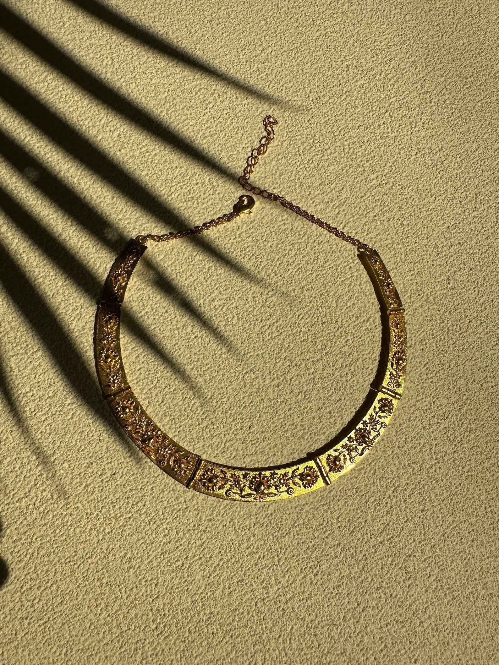 Gold Statement Collar Necklace- Floral Emboss Necklace