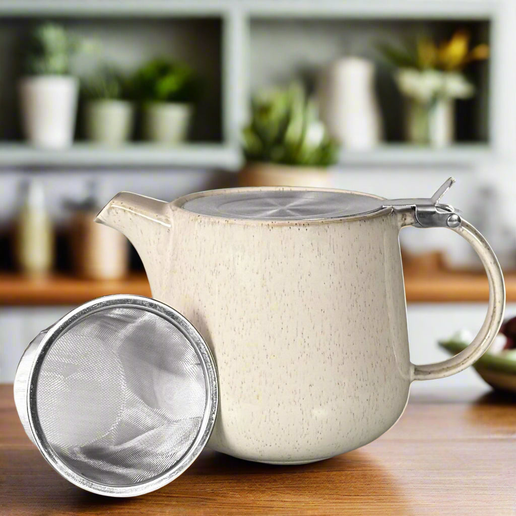 Bergen Cream Reactive Glaze Infuser Teapot – 1L Ceramic Teapot with Stainless Steel Lid