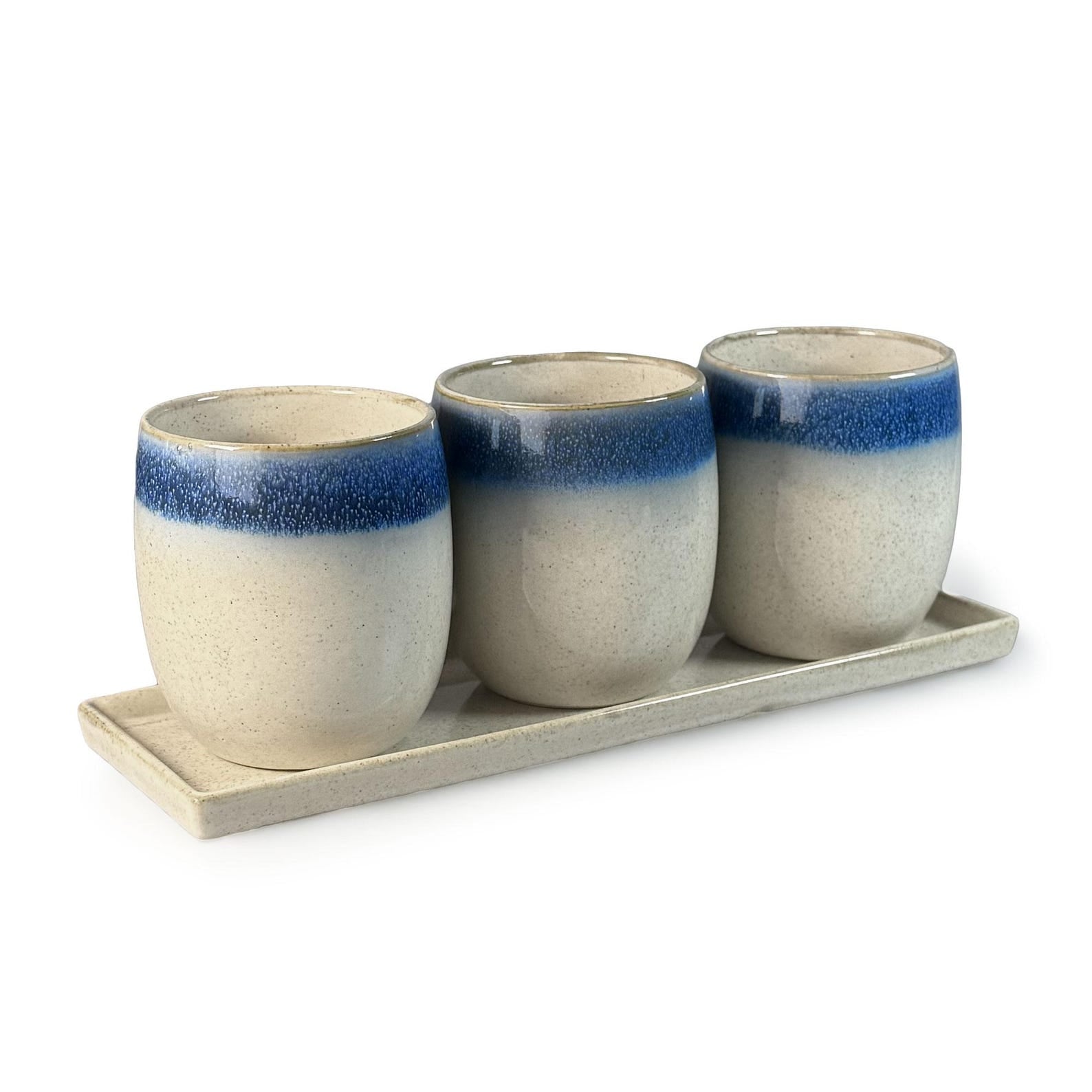 Scandi Home Blue & Cream Reactive Glaze Planters – Set of 3 with Tray
