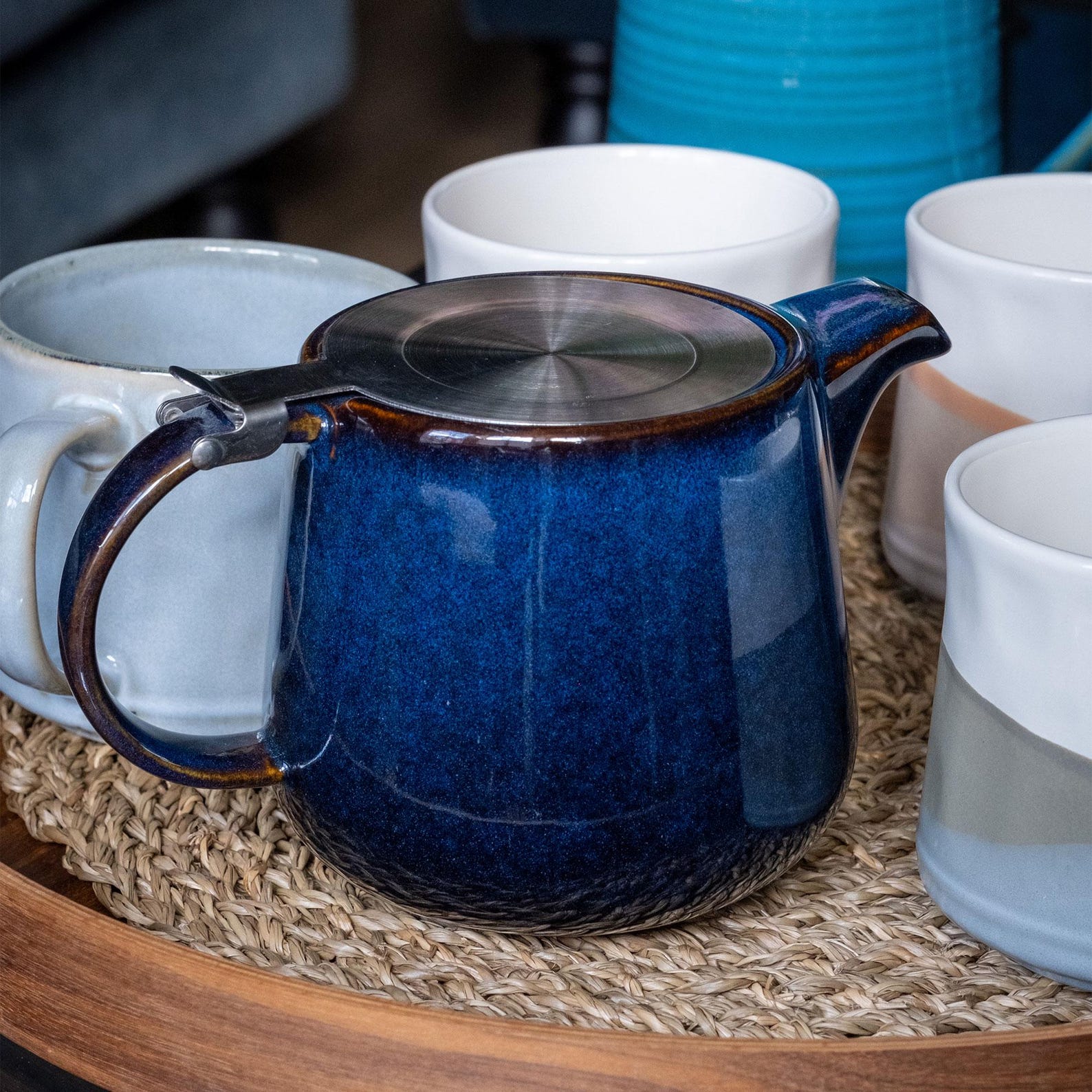 Bergen Blue Reactive Glaze Infuser Teapot – 1L Ceramic Teapot with Stainless Steel Lid