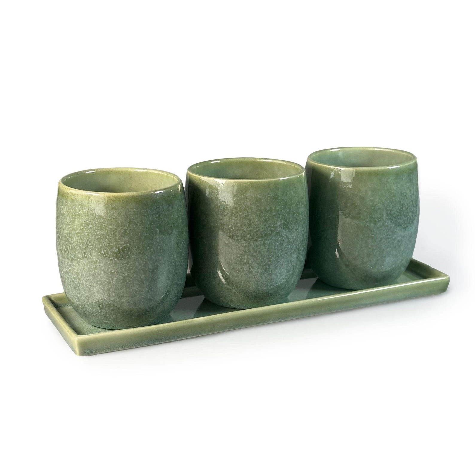 Scandi Home Set of 3 Green Reactive Glazed Ceramic Planters with Tray