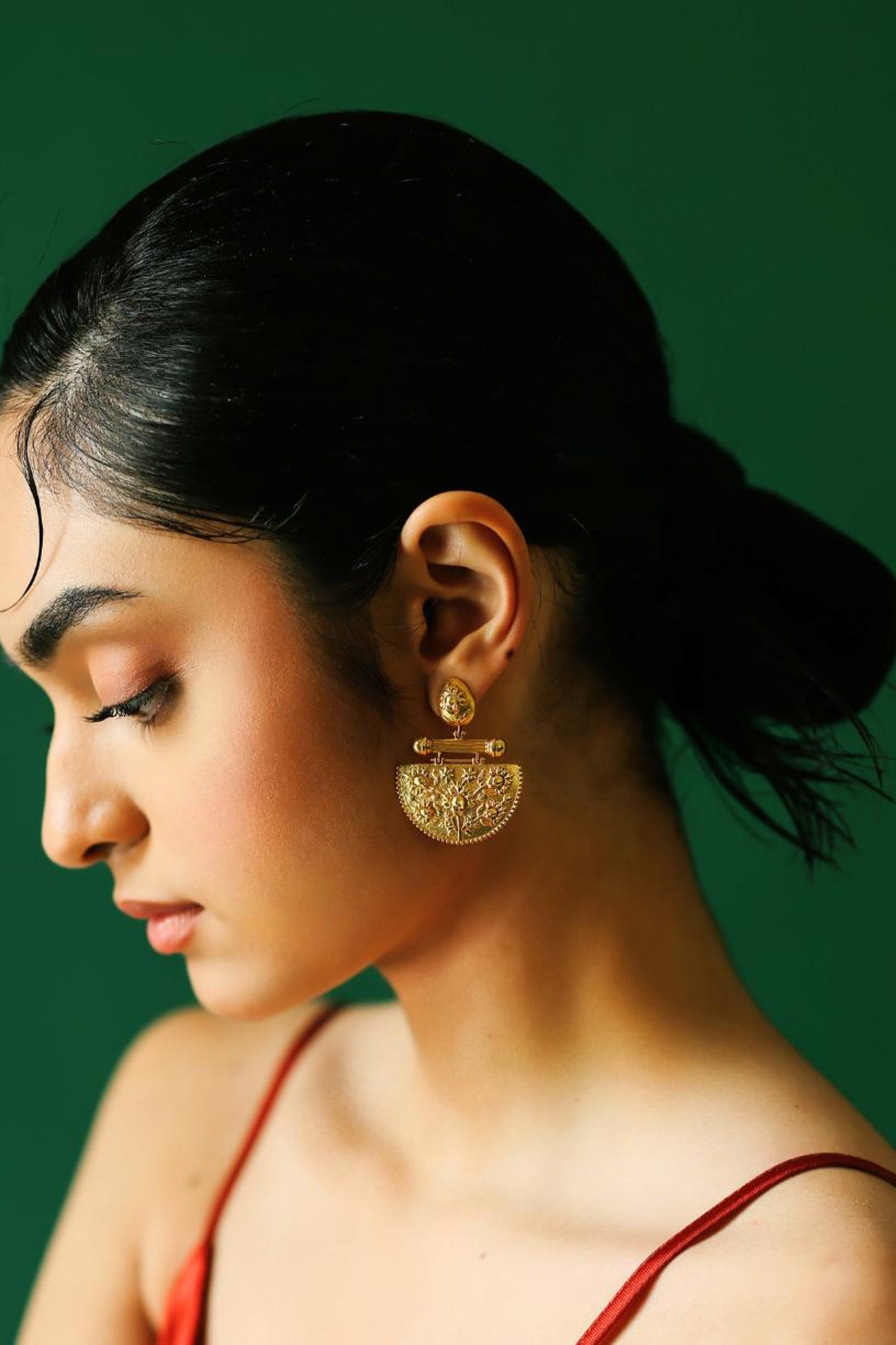 Lightweight Statement Arc Dangle Earrings- Emboss Gold Earrings