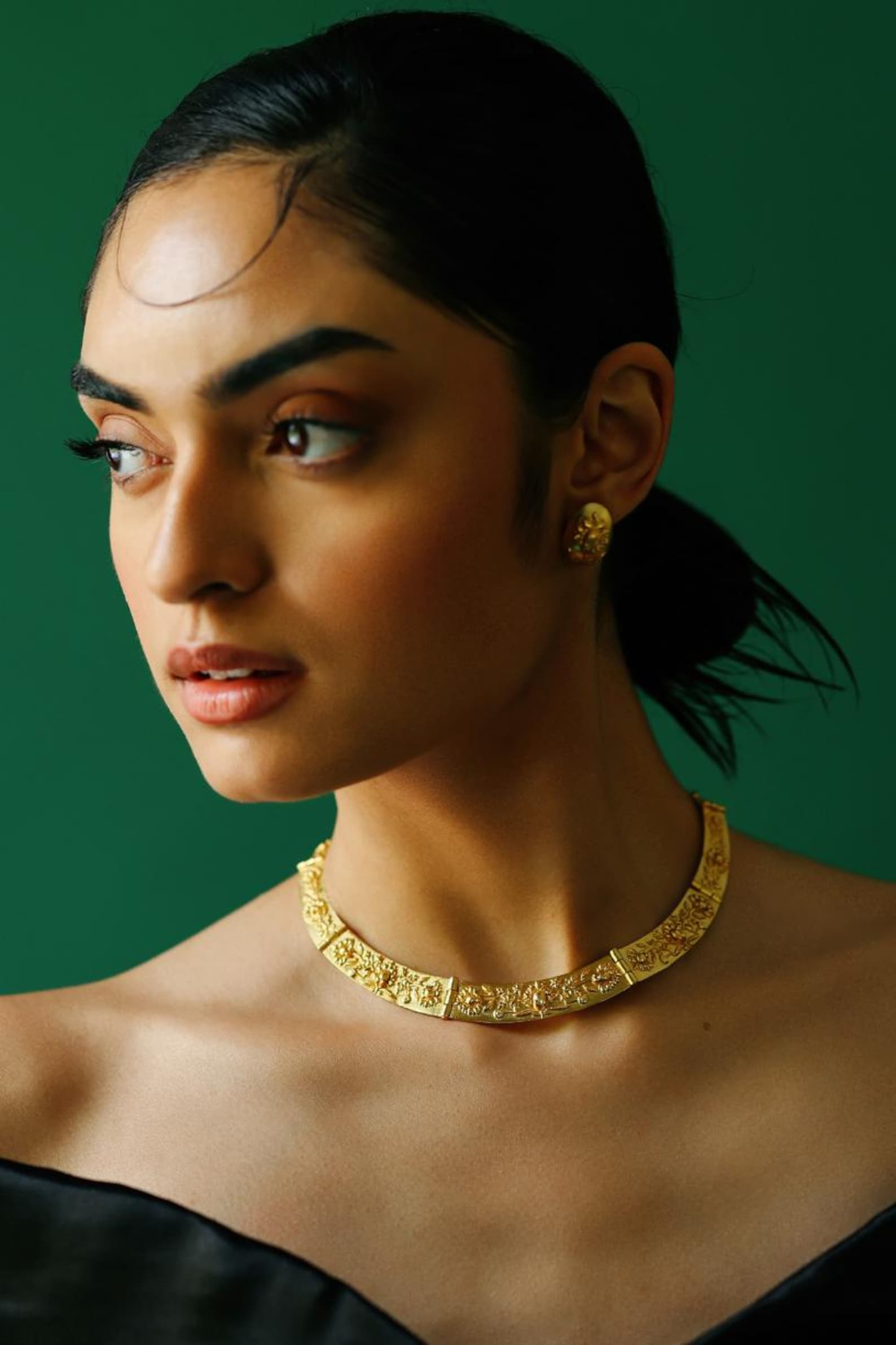 Gold Statement Collar Necklace- Floral Emboss Necklace