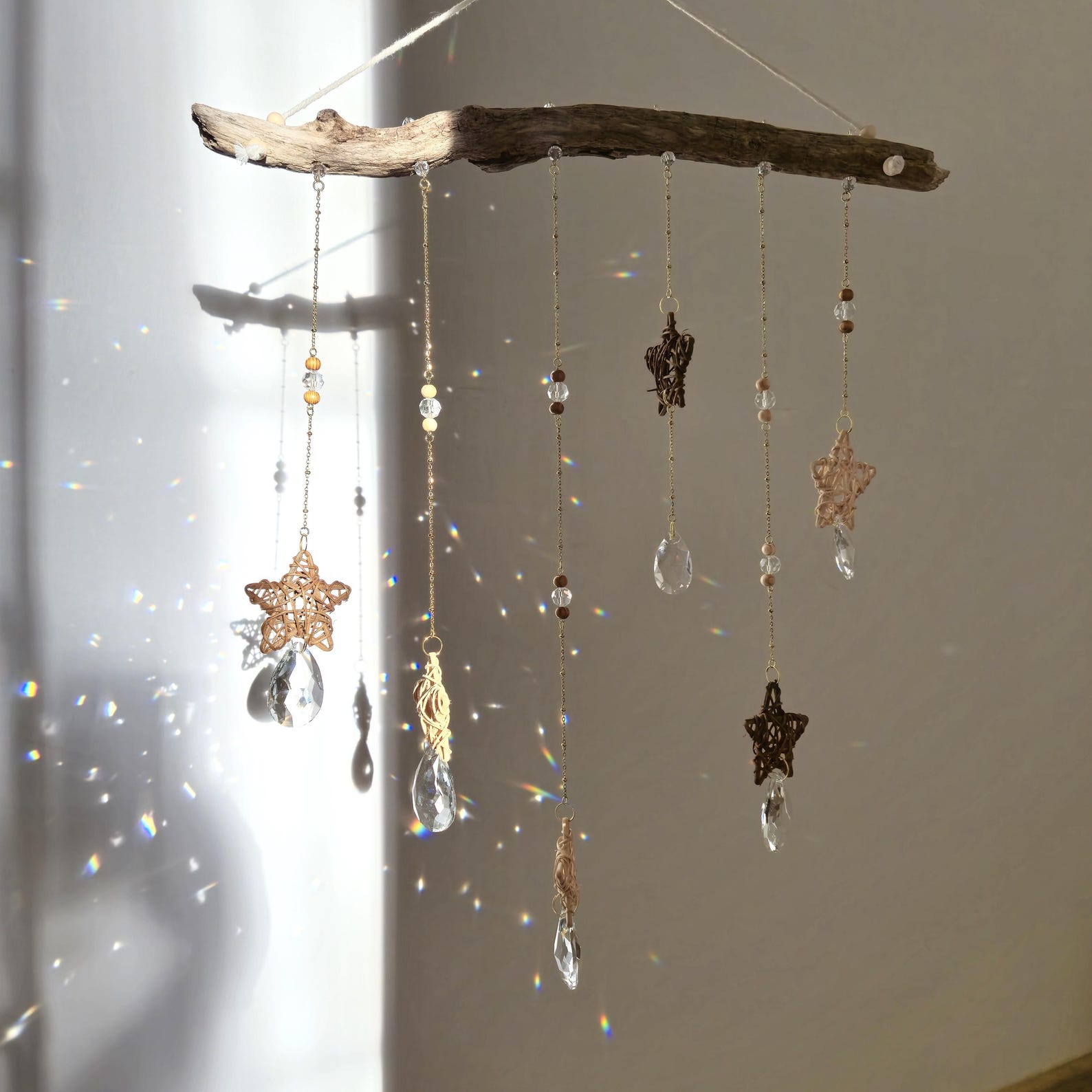 Large Boho Driftwood Mobile – Suncatcher with Crystal and Beads
