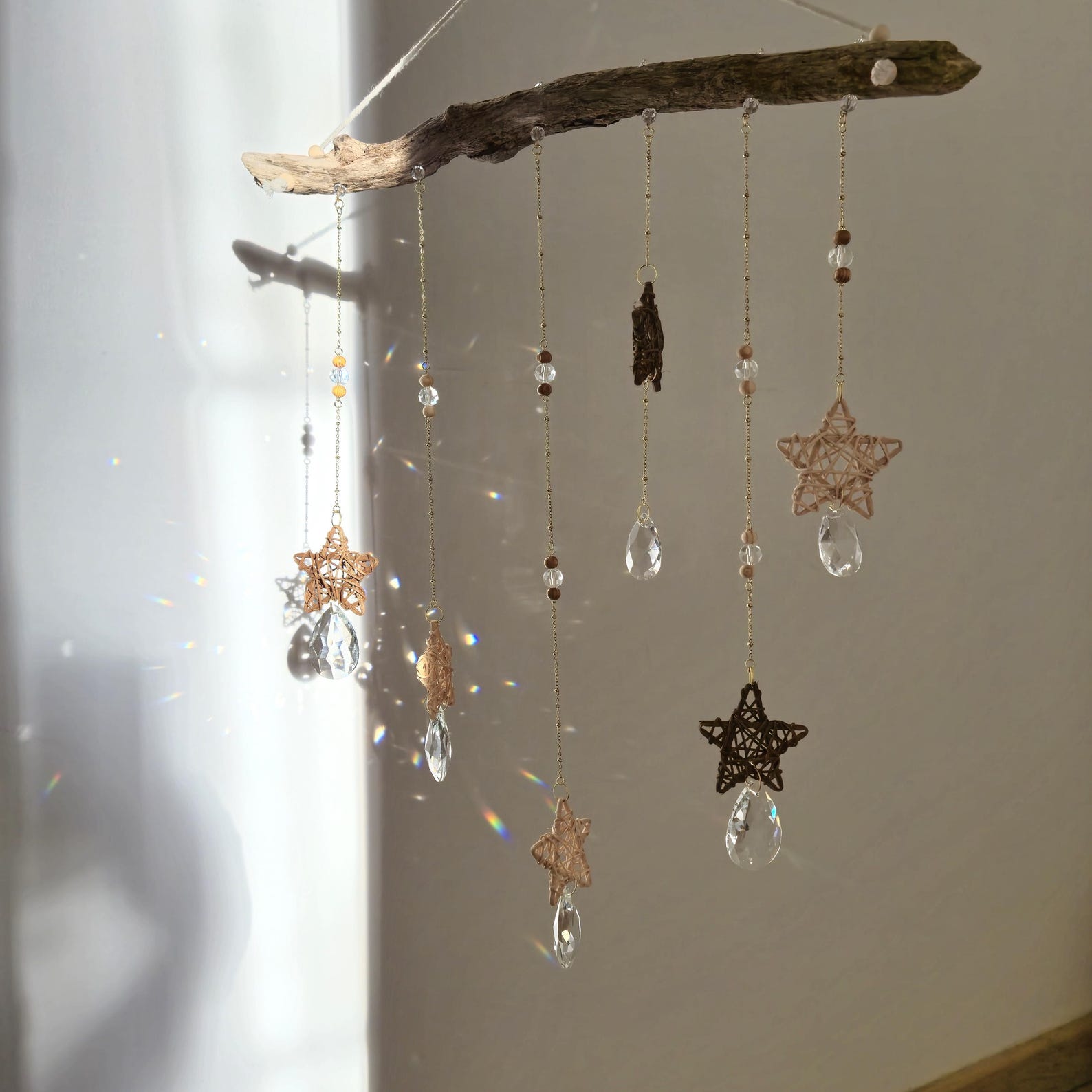 Large Boho Driftwood Mobile – Suncatcher with Crystal and Beads