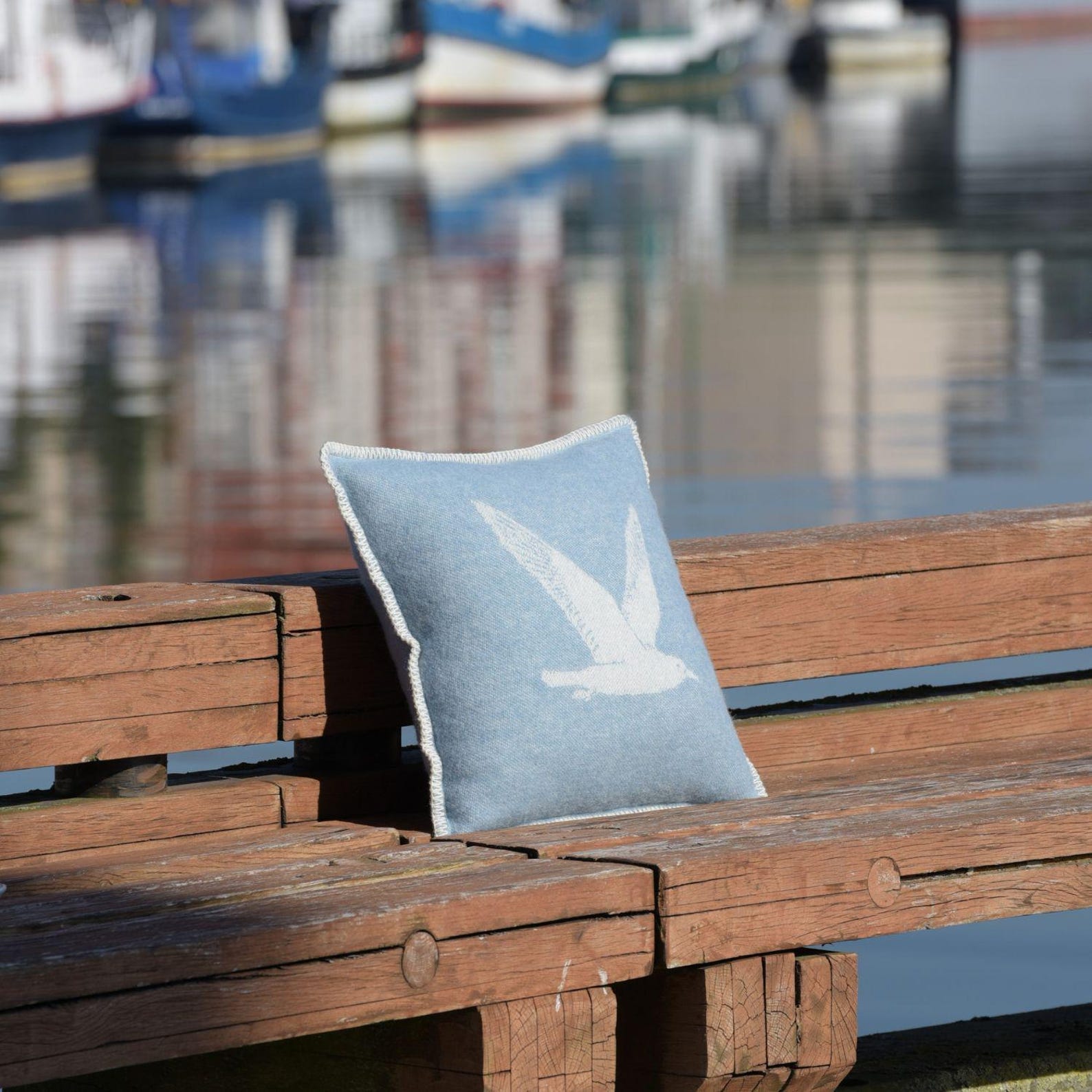 Seagulls Cushion Cover | Pure Wool Reversible Blue Pillowcase |