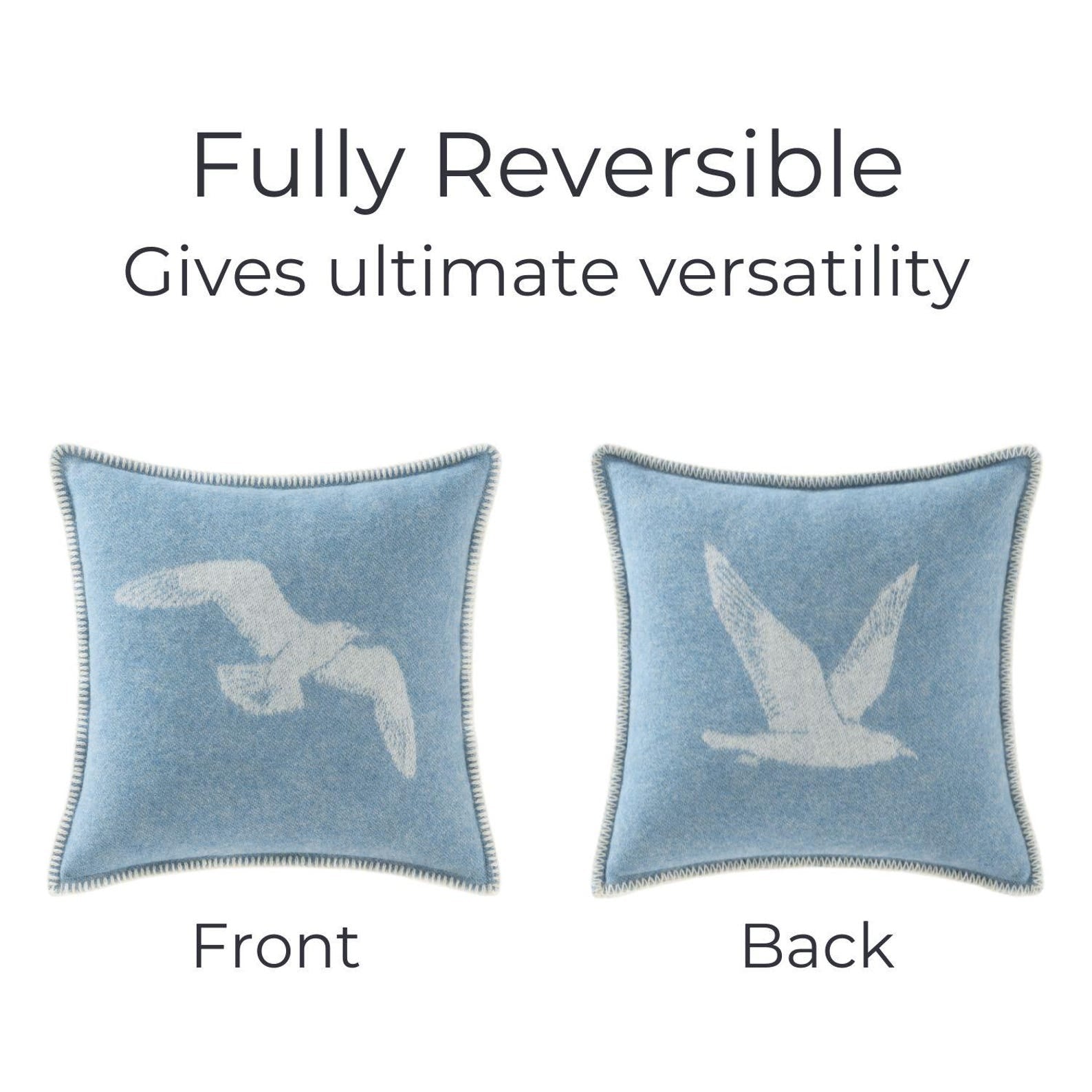 Seagulls Cushion Cover | Pure Wool Reversible Blue Pillowcase |
