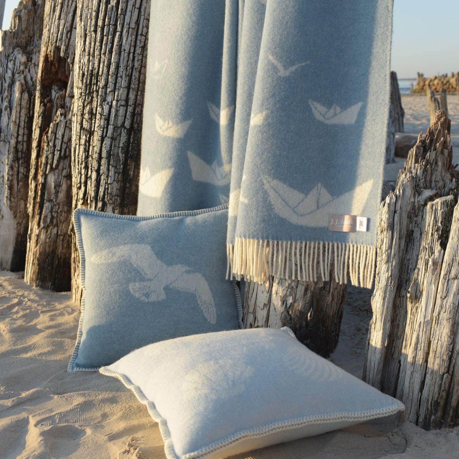 Seagulls Cushion Cover | Pure Wool Reversible Blue Pillowcase |